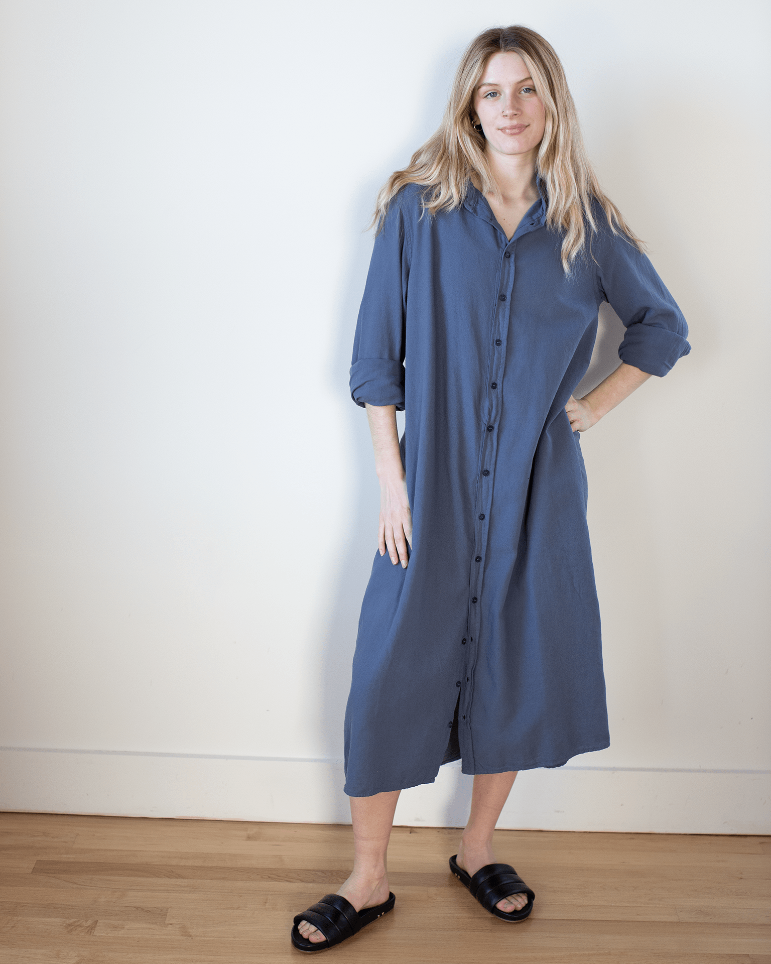 Maxi Shirtdress in Midnight Textured Cotton