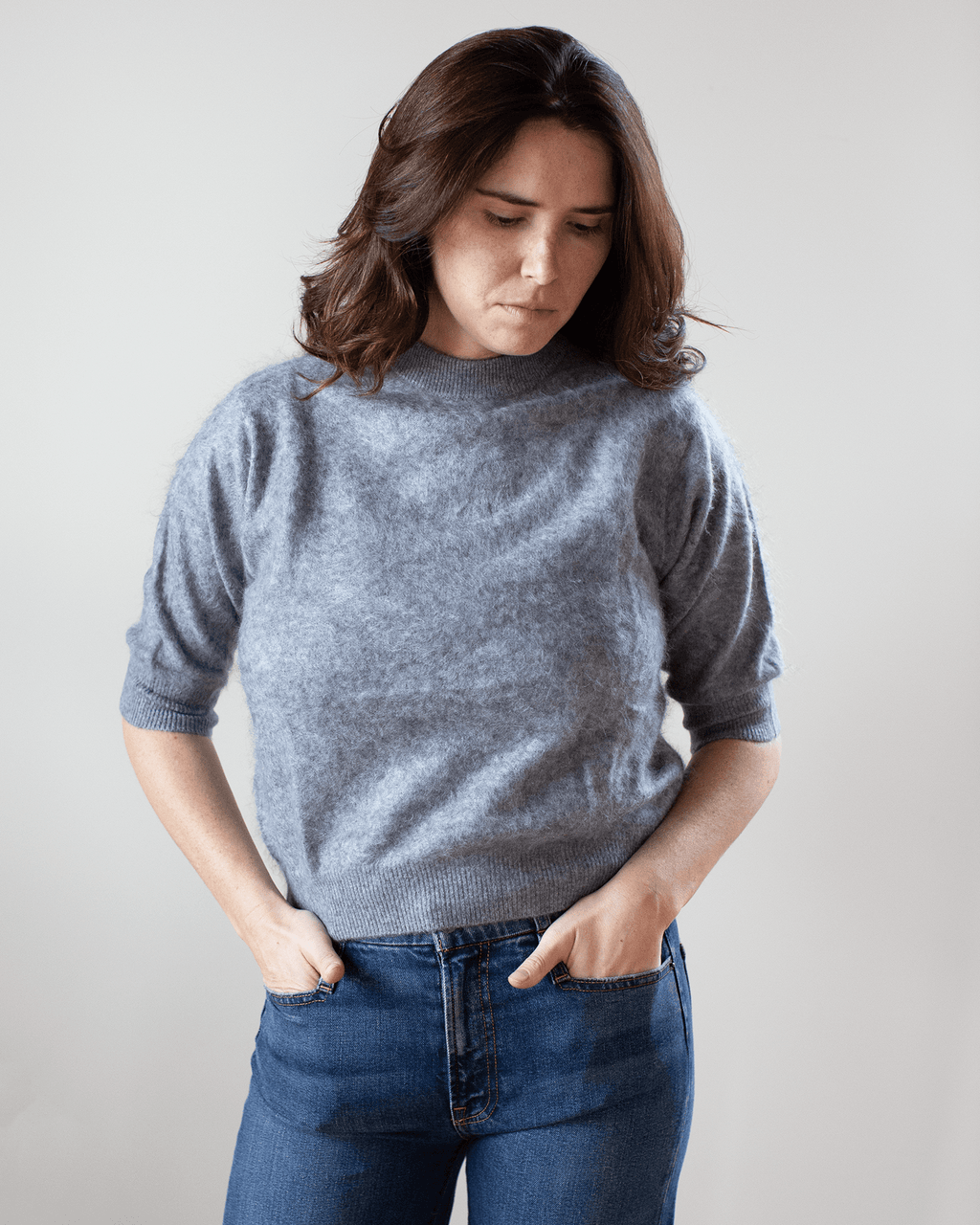 Brushed Elbow Sleeve Boxy Crew in Feather