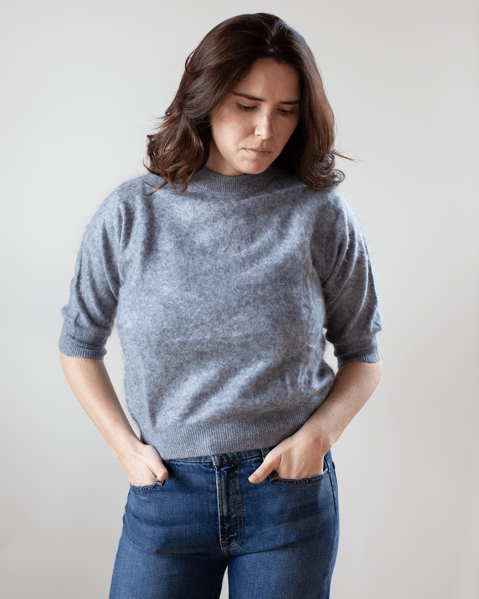 Brushed Elbow Sleeve Boxy Crew in Feather