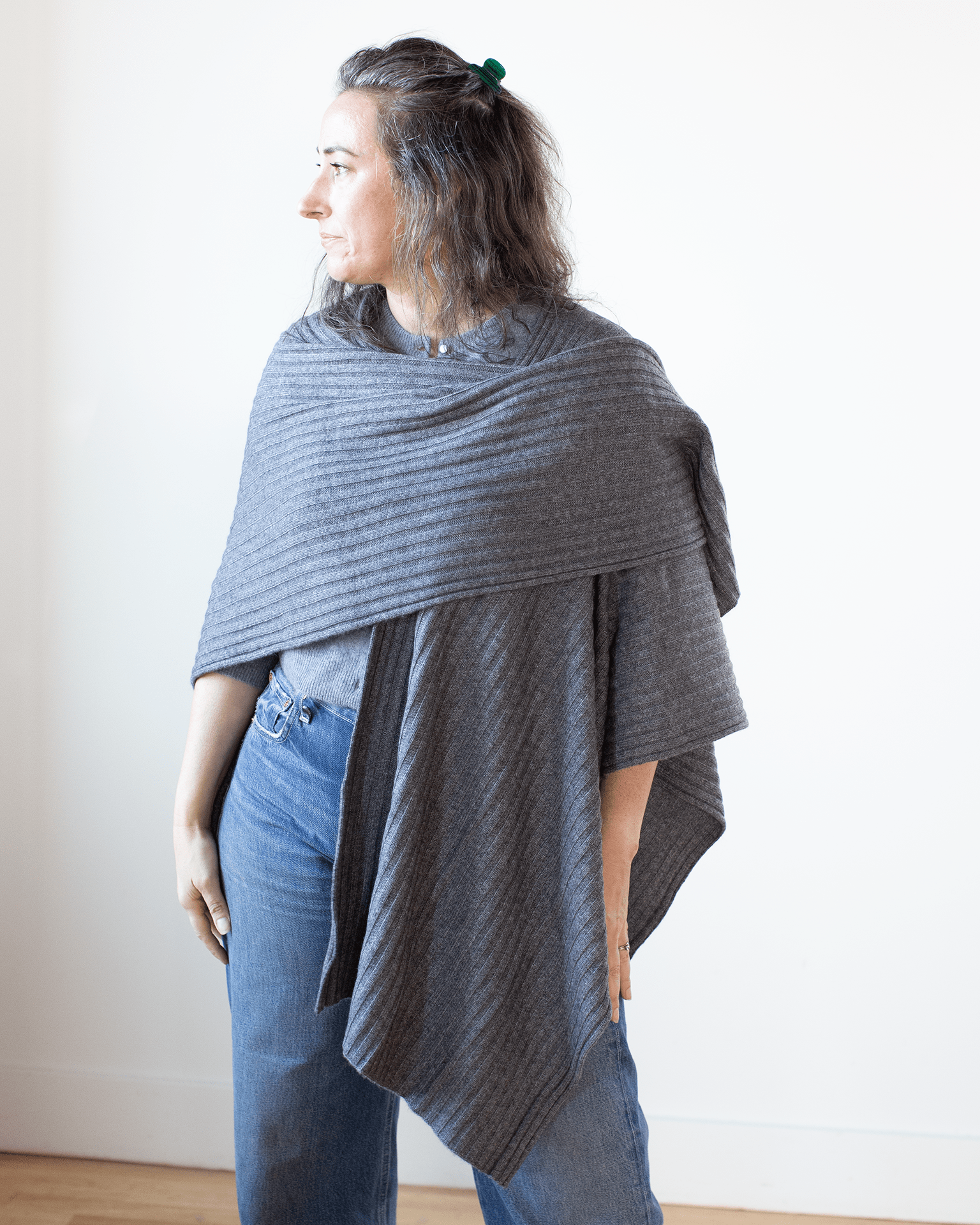 Rib Drape Poncho in Flannel