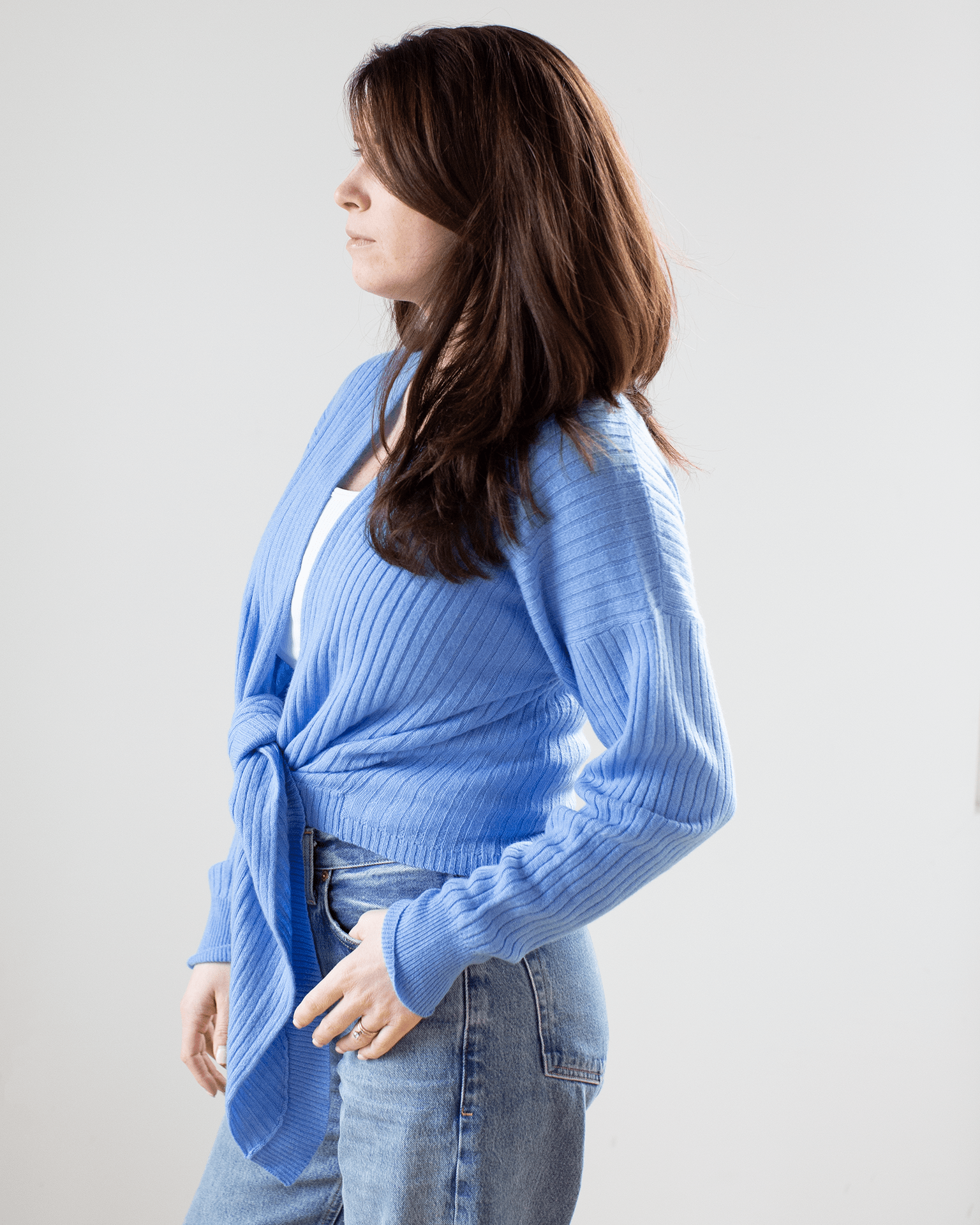 Tie Front Rib Cardigan in Cielo
