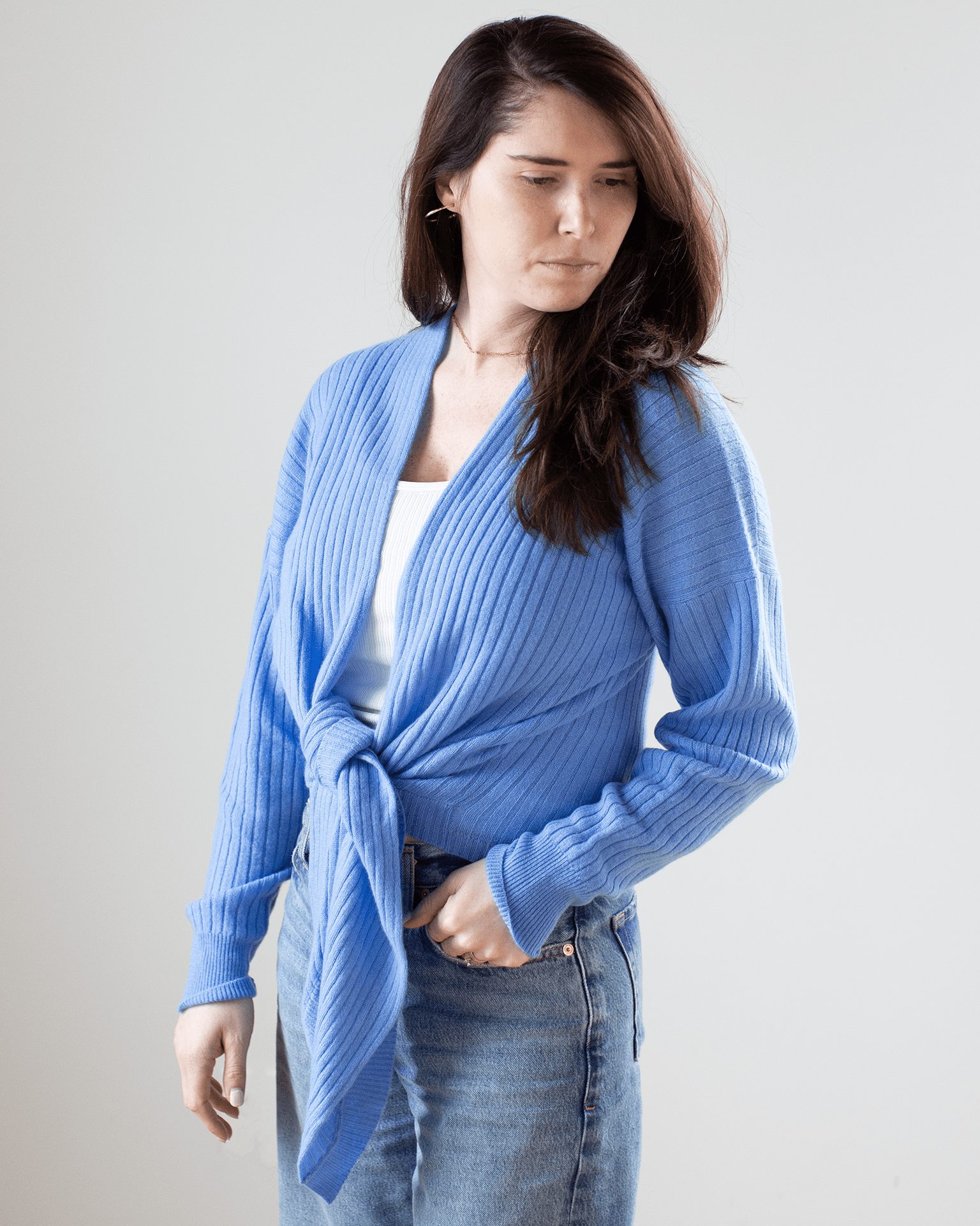 Tie Front Rib Cardigan in Cielo