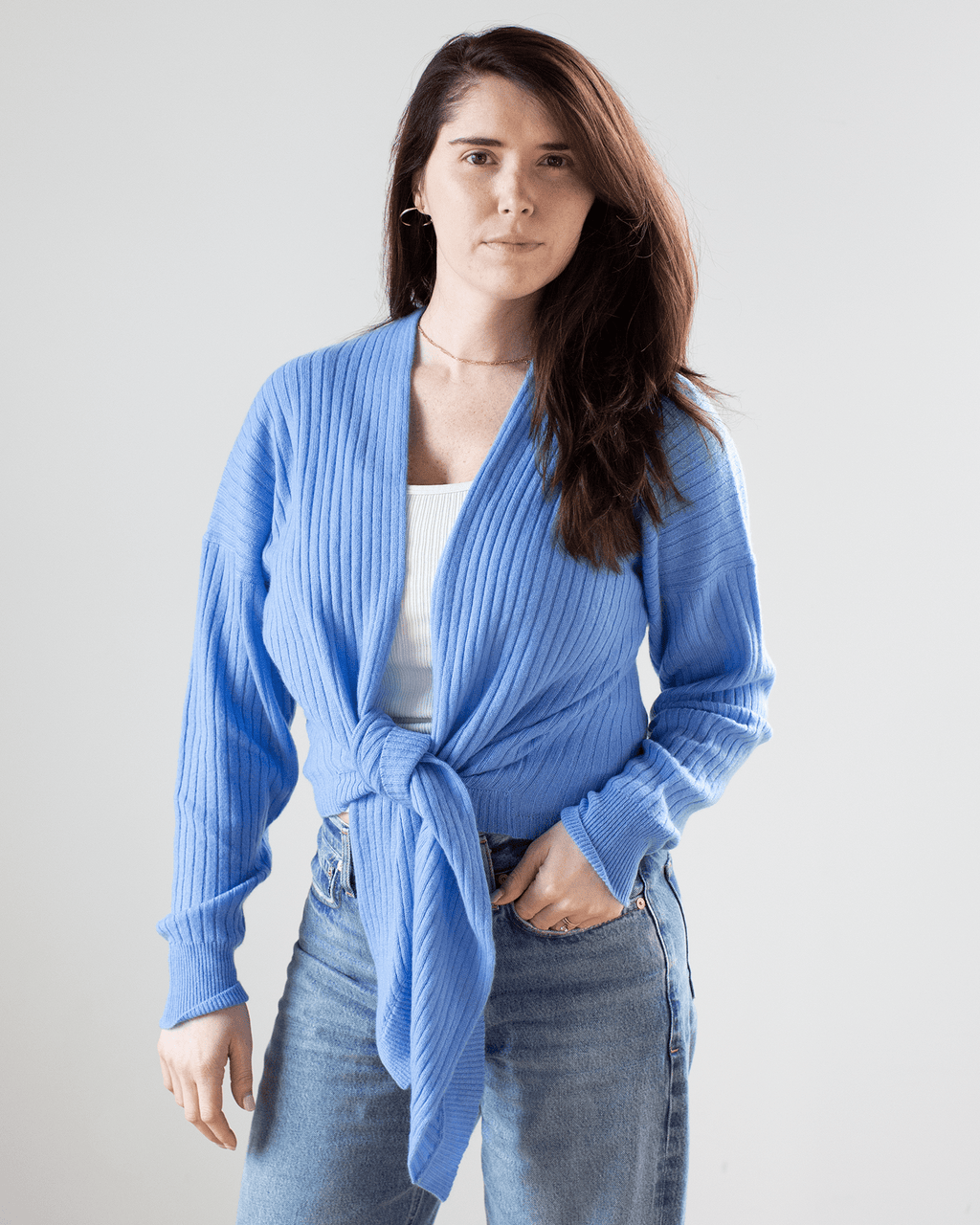 Tie Front Rib Cardigan in Cielo