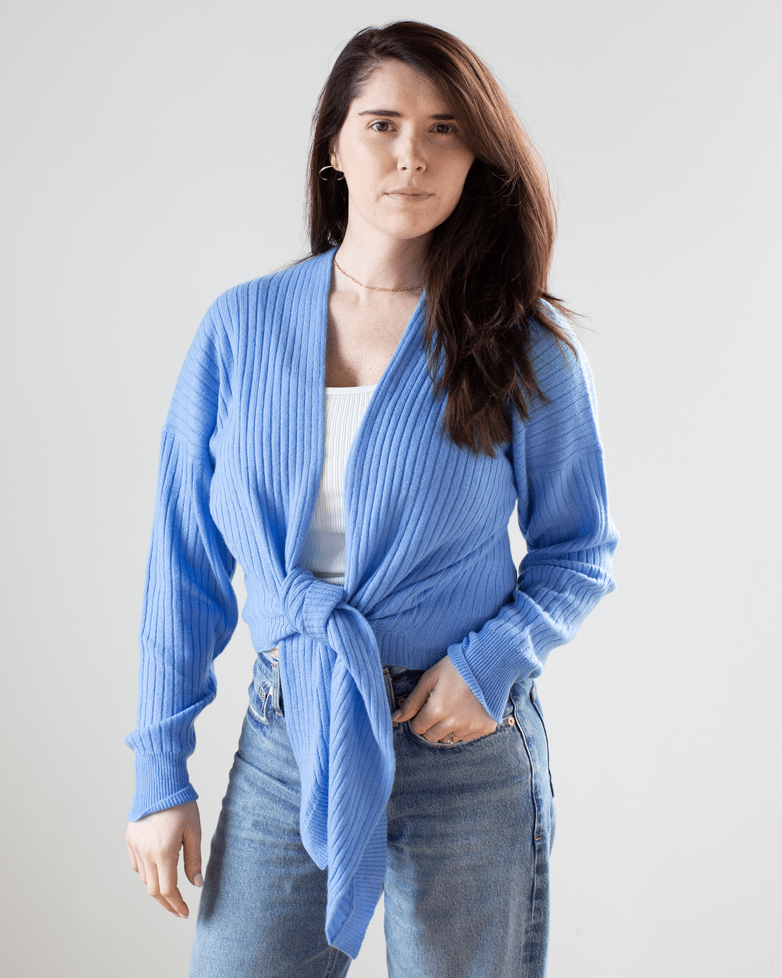 Tie Front Rib Cardigan in Cielo