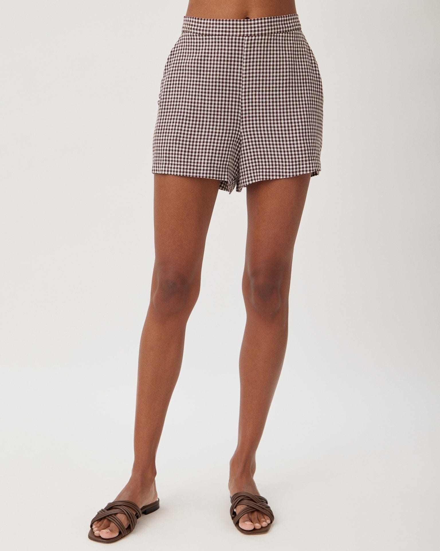 Clean Front Short in Brown Micro Gingham