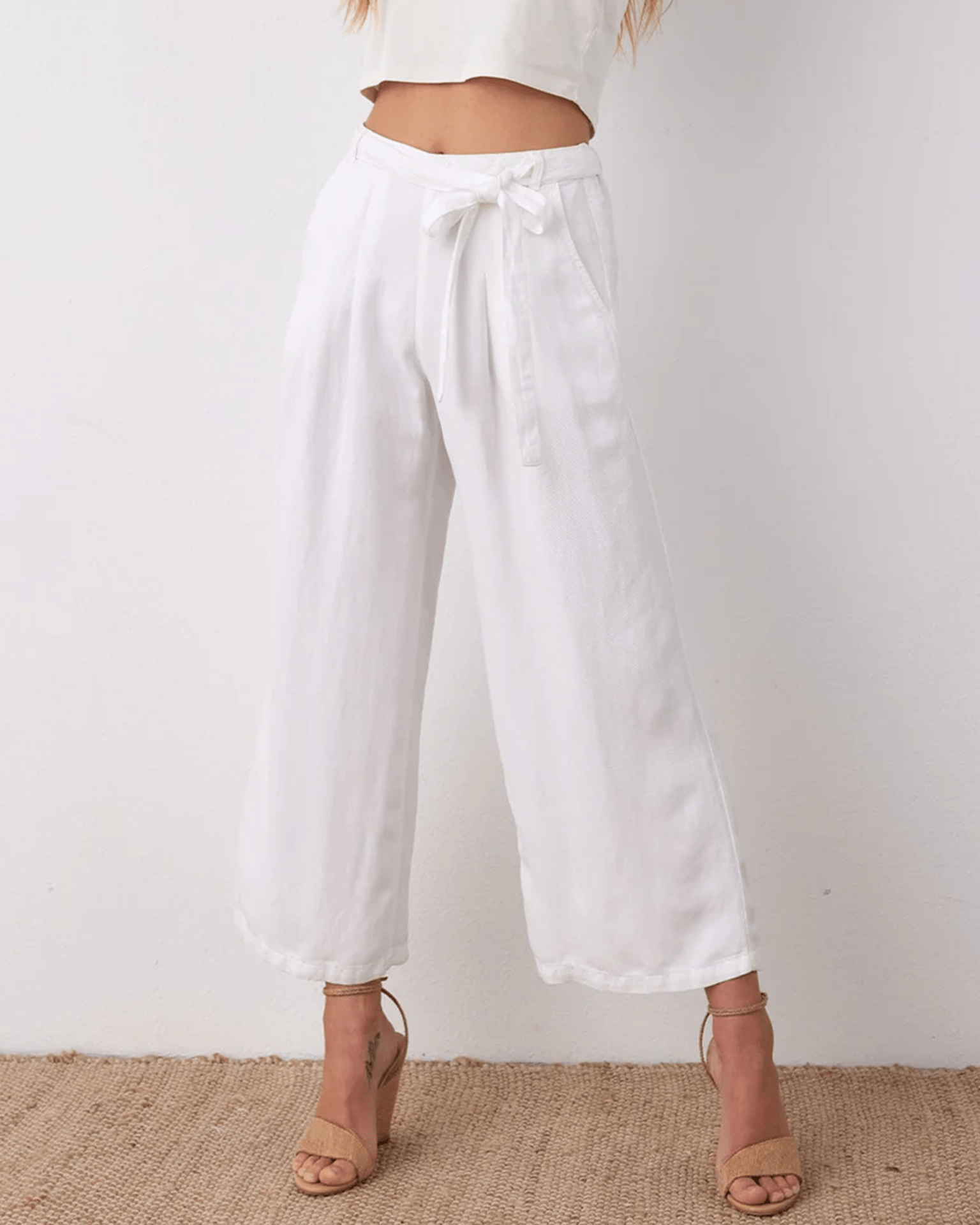 Emma Wide Leg Crop w/ Sash in White