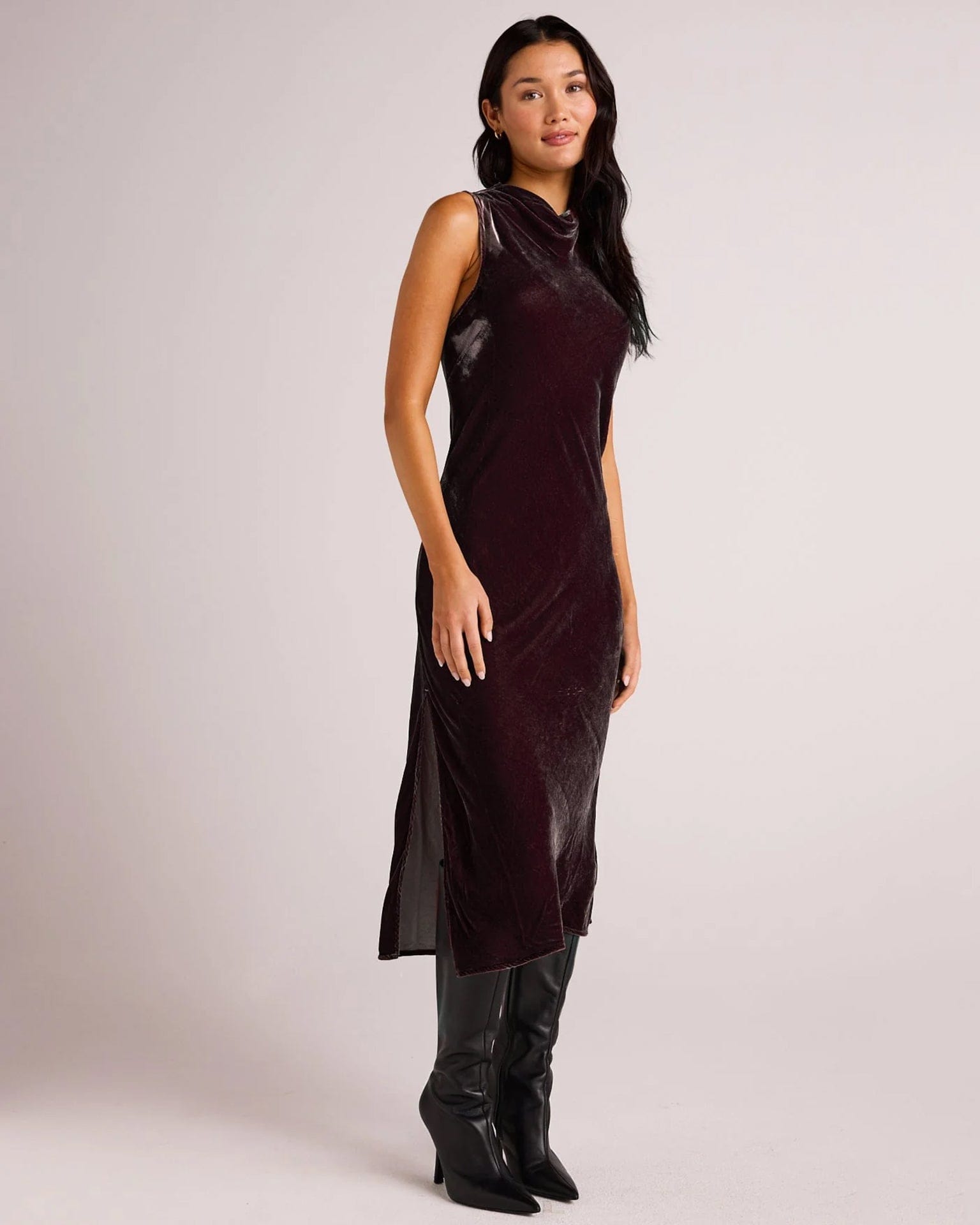 Mock Neck Halter Dress in Aubergine