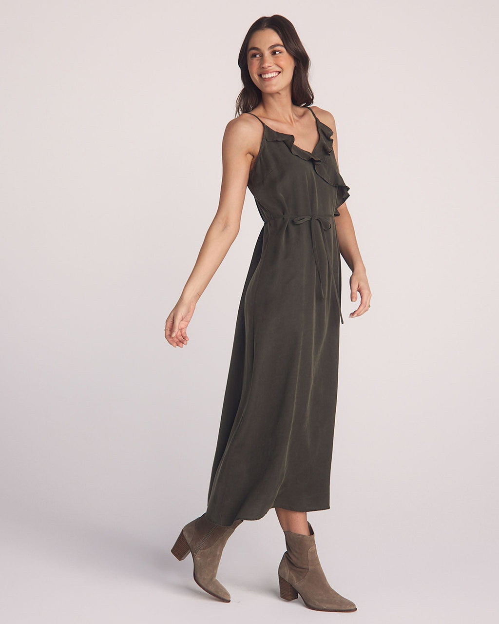 Ruffle Cami Midi Dress in Forest Army