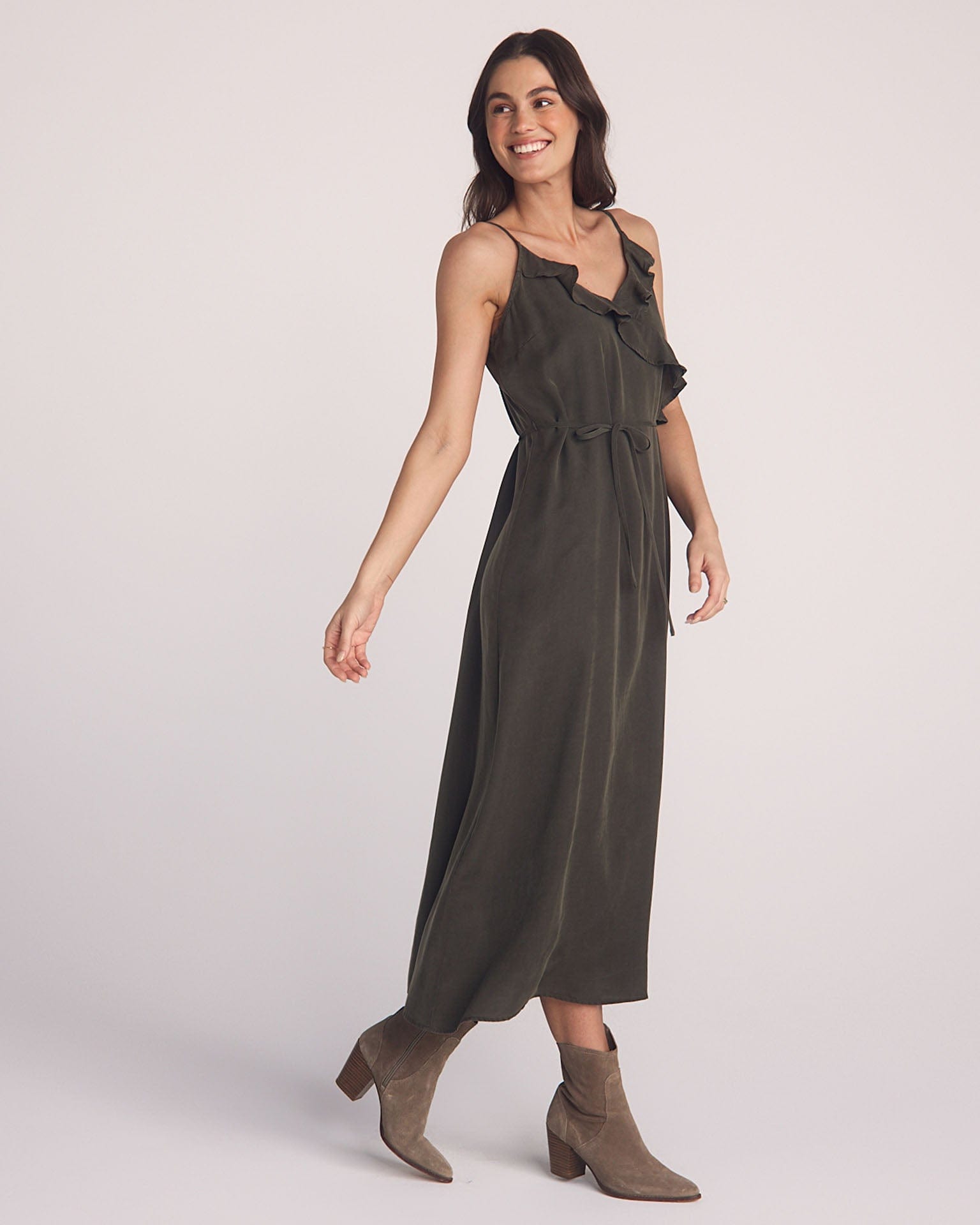 Ruffle Cami Midi Dress in Forest Army