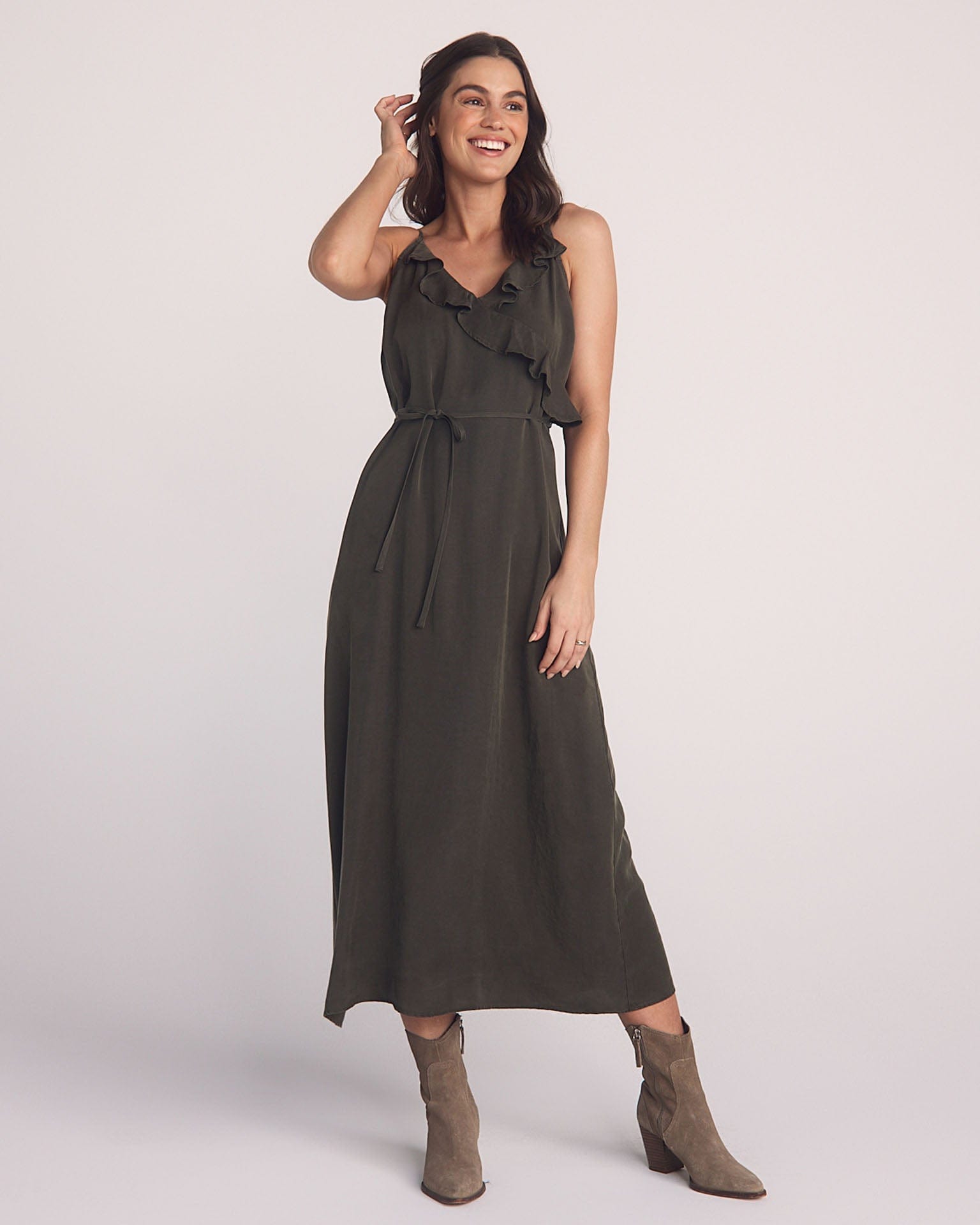 Ruffle Cami Midi Dress in Forest Army