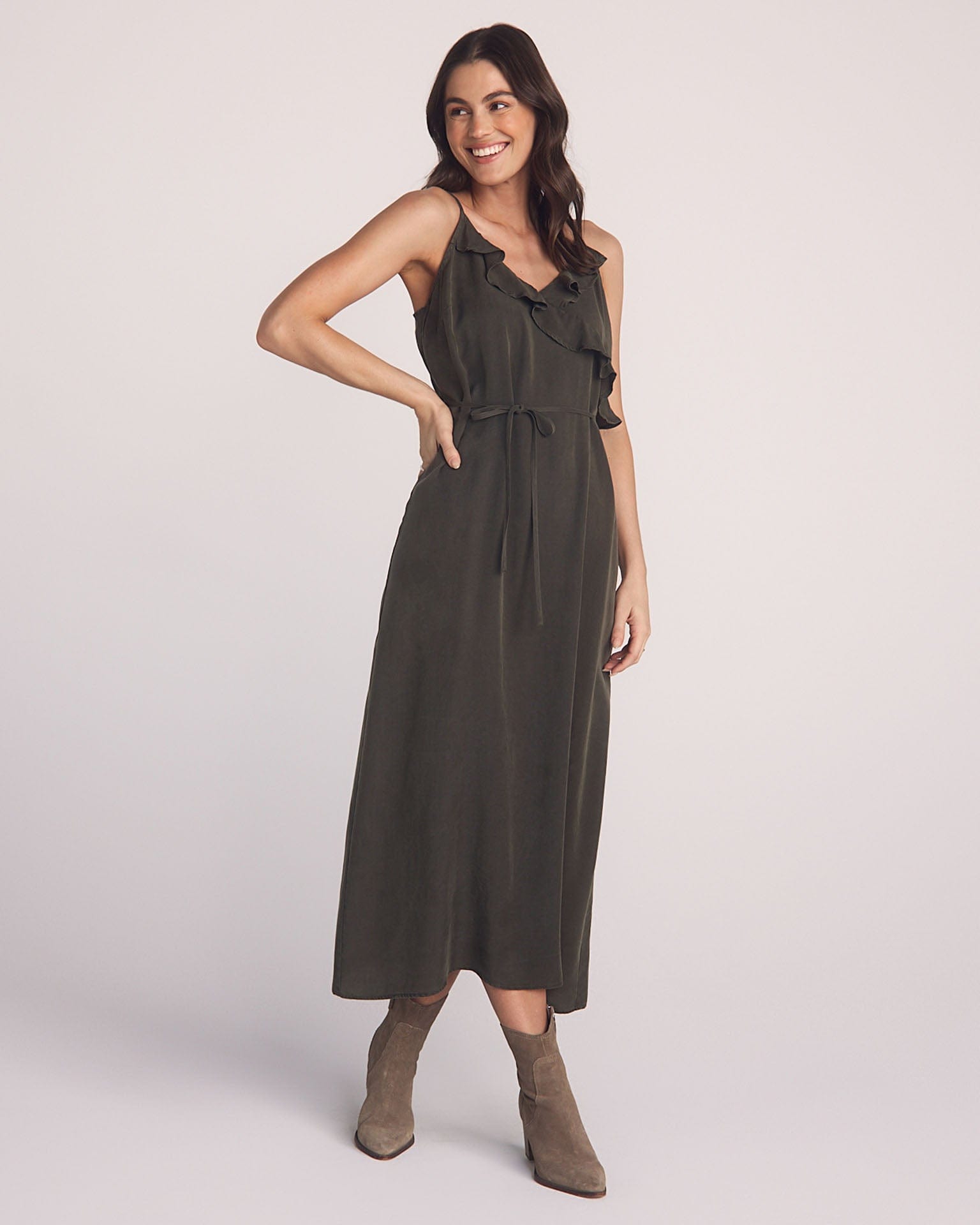 Ruffle Cami Midi Dress in Forest Army