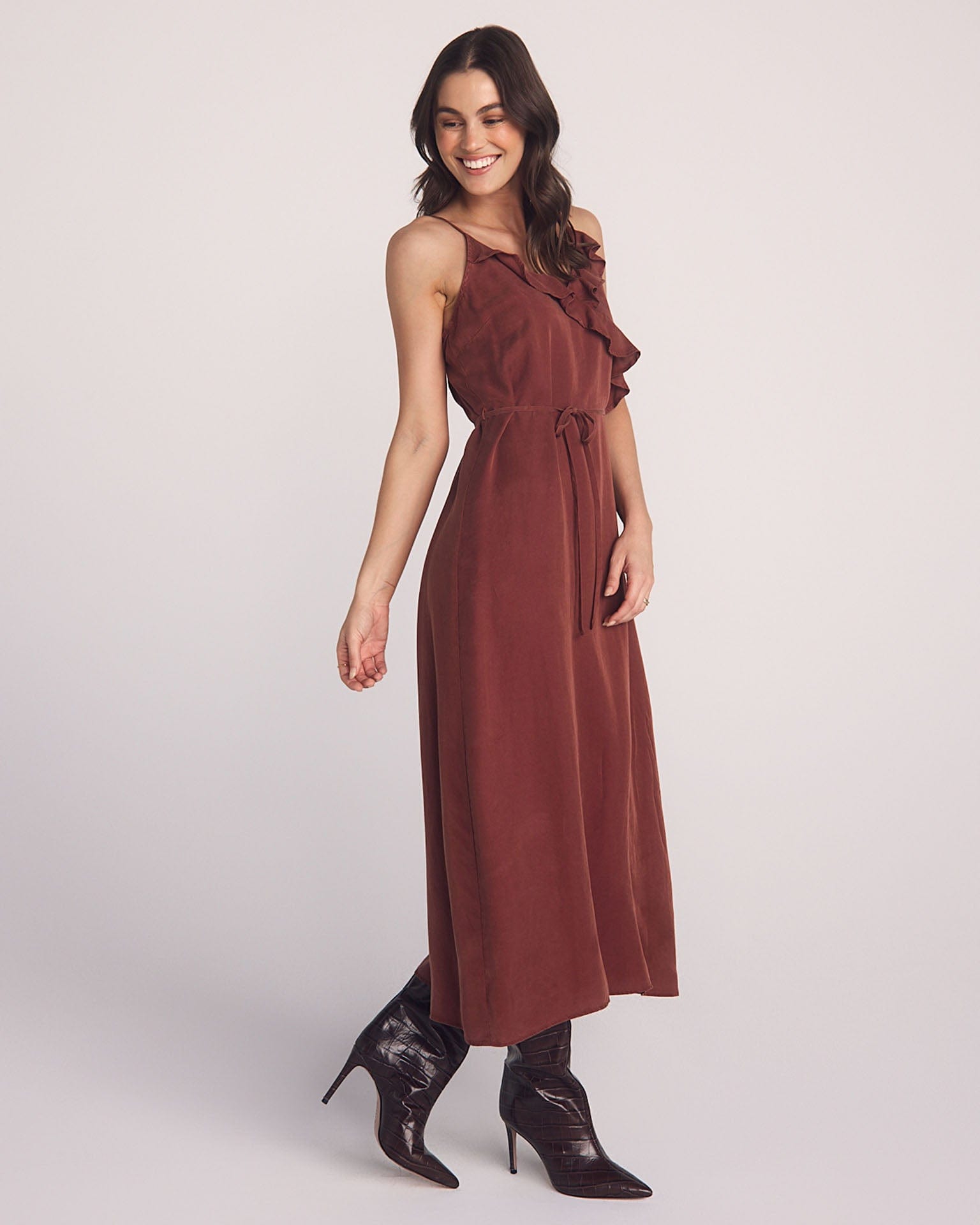 Ruffle Cami Midi Dress in Harvest Red