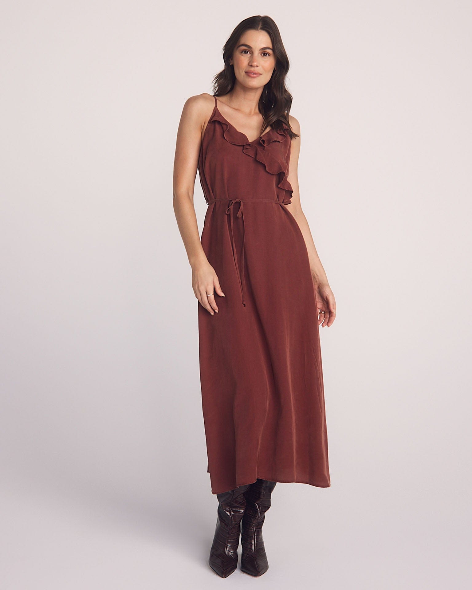 Ruffle Cami Midi Dress in Harvest Red