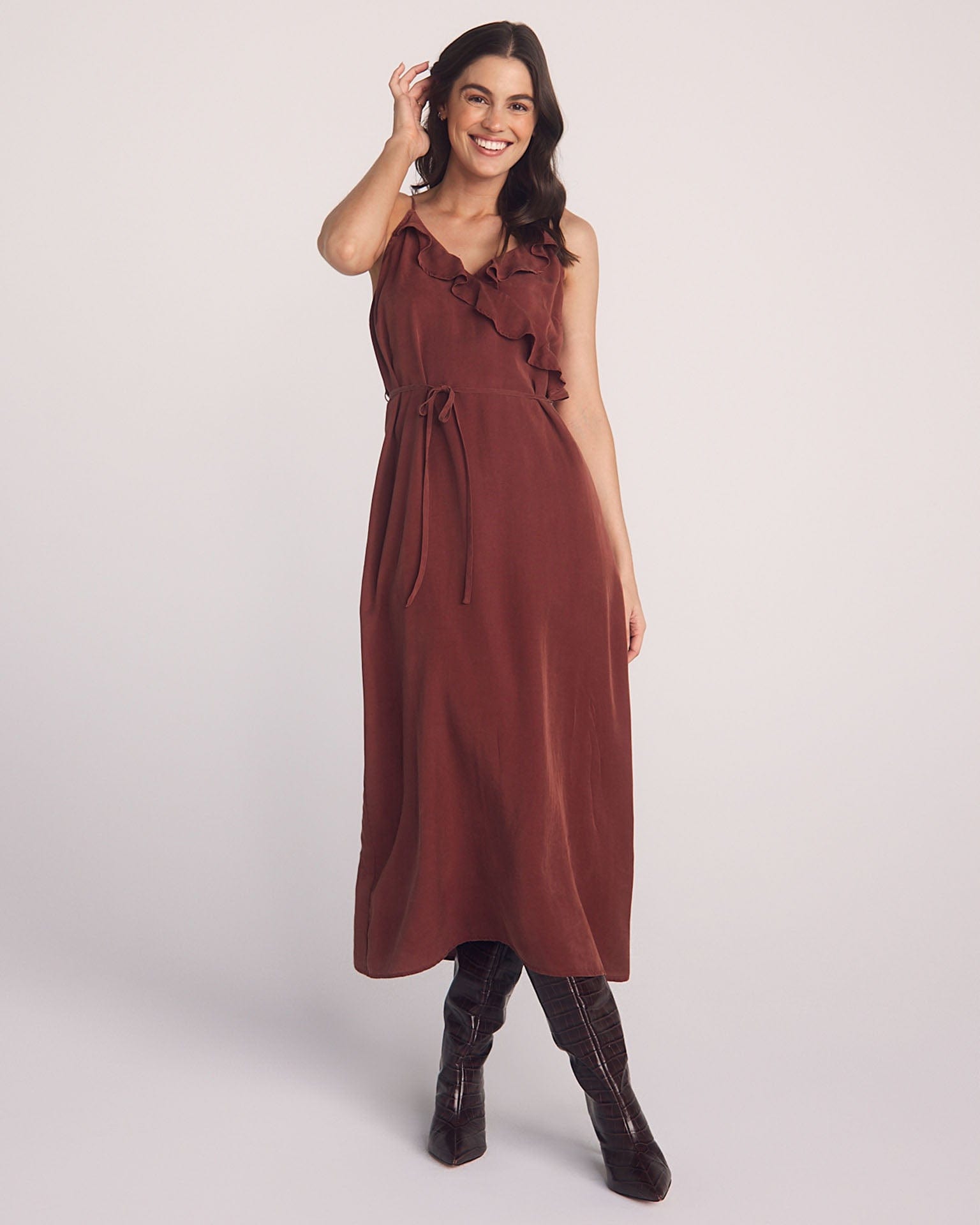 Ruffle Cami Midi Dress in Harvest Red