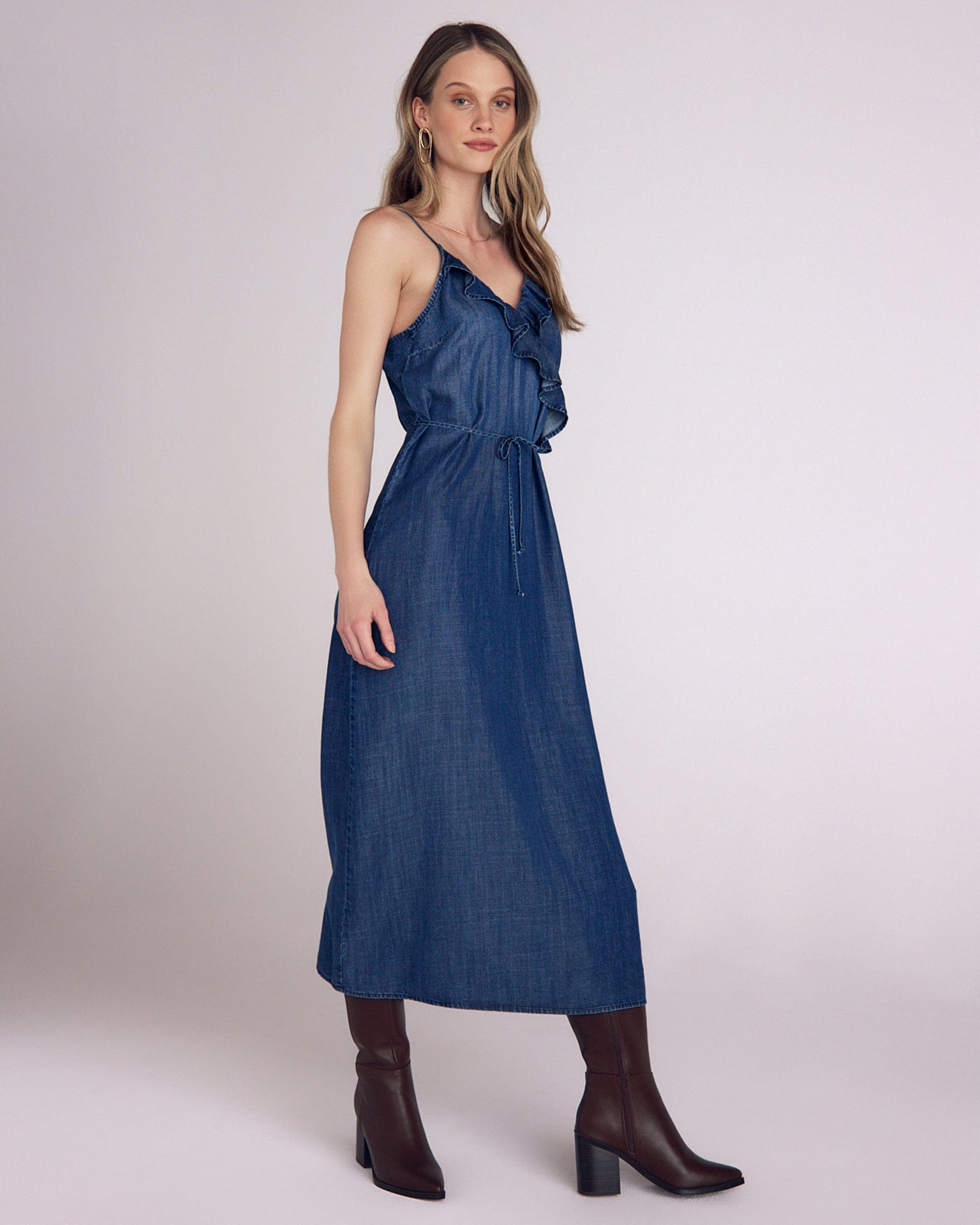 Ruffle Cami Midi Dress in Moonlit Wash