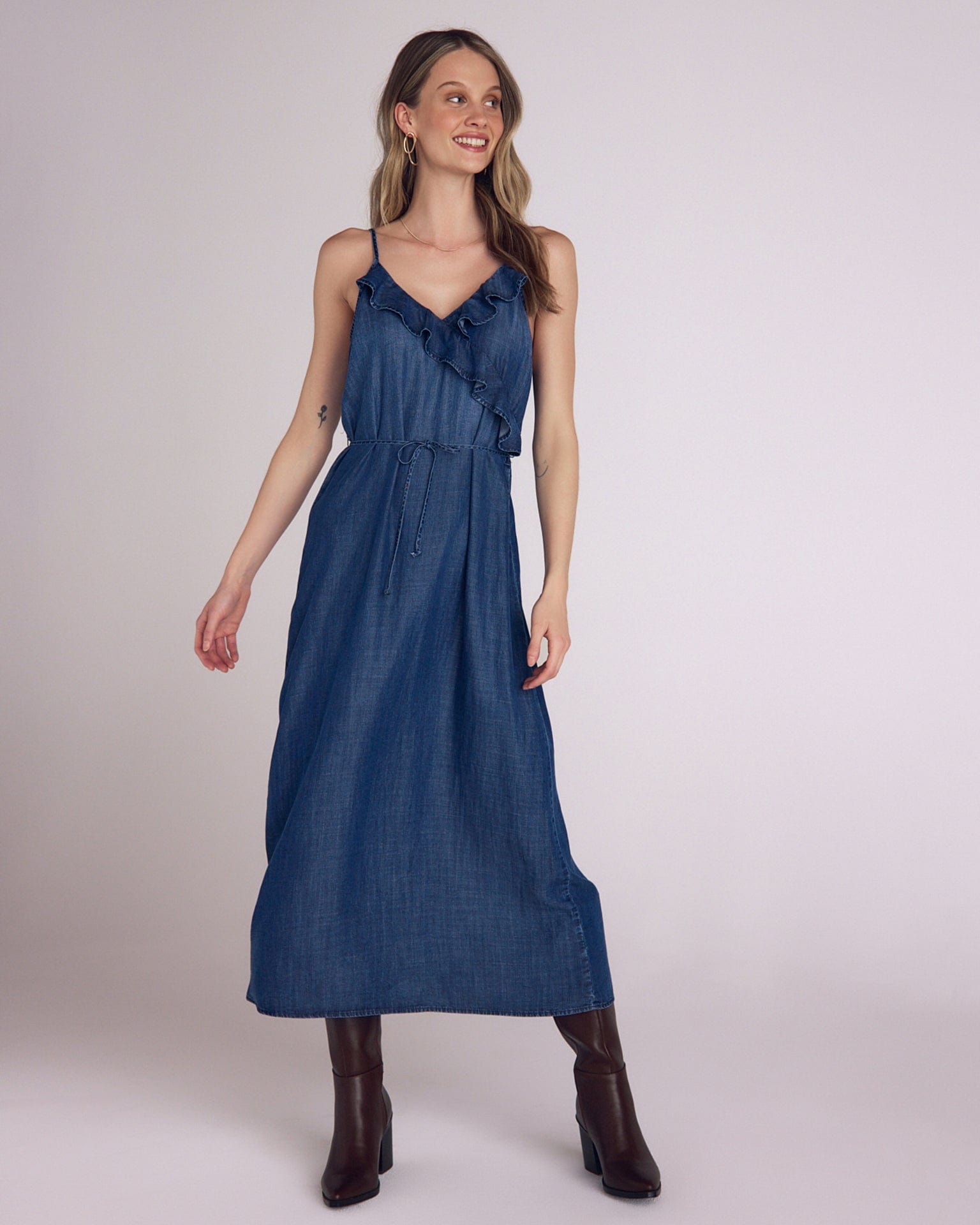 Ruffle Cami Midi Dress in Moonlit Wash