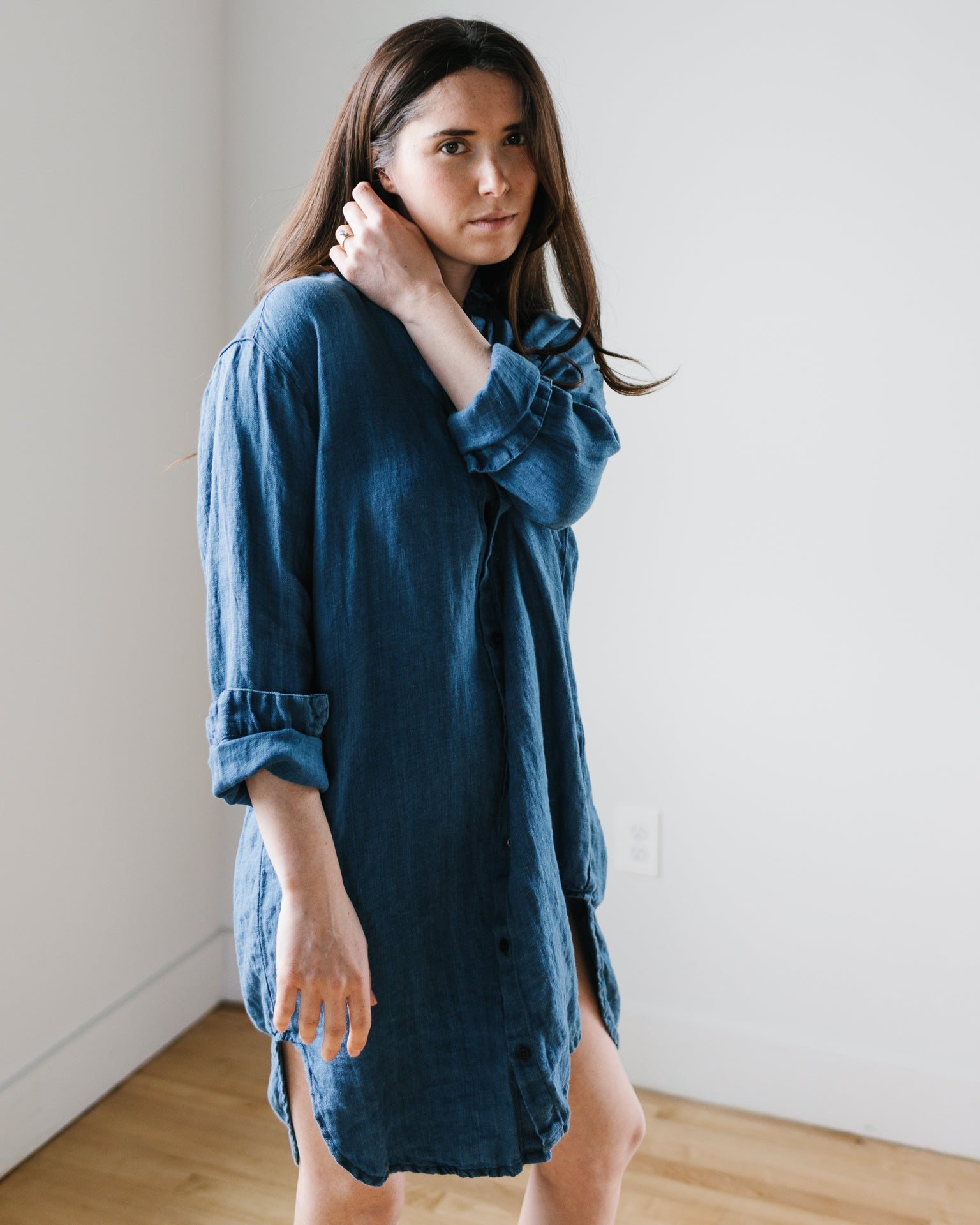 Mari Oversized Shirtdress in Bleach Indigo HW Linen Twill
