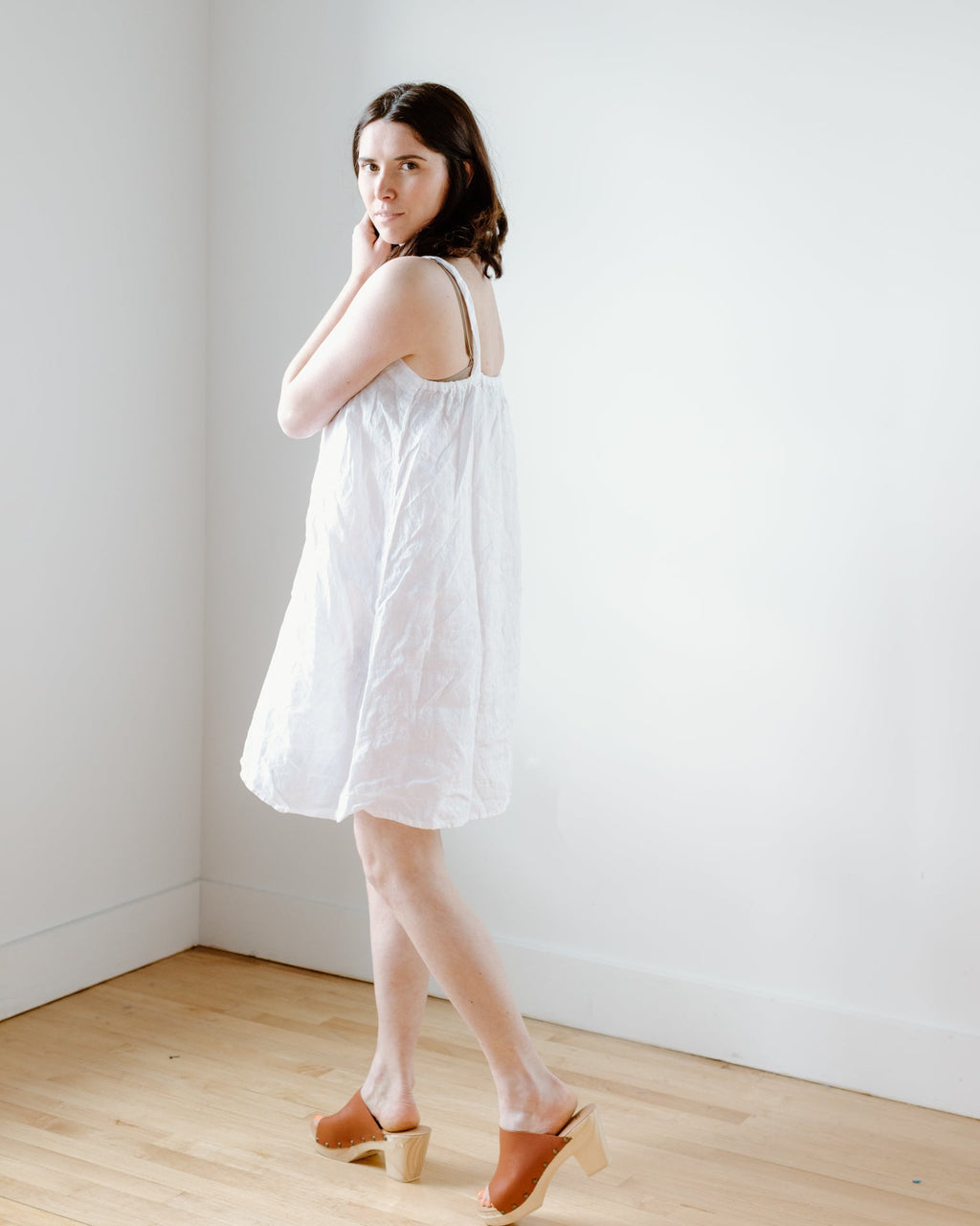 Sally Apron Dress in White Linen