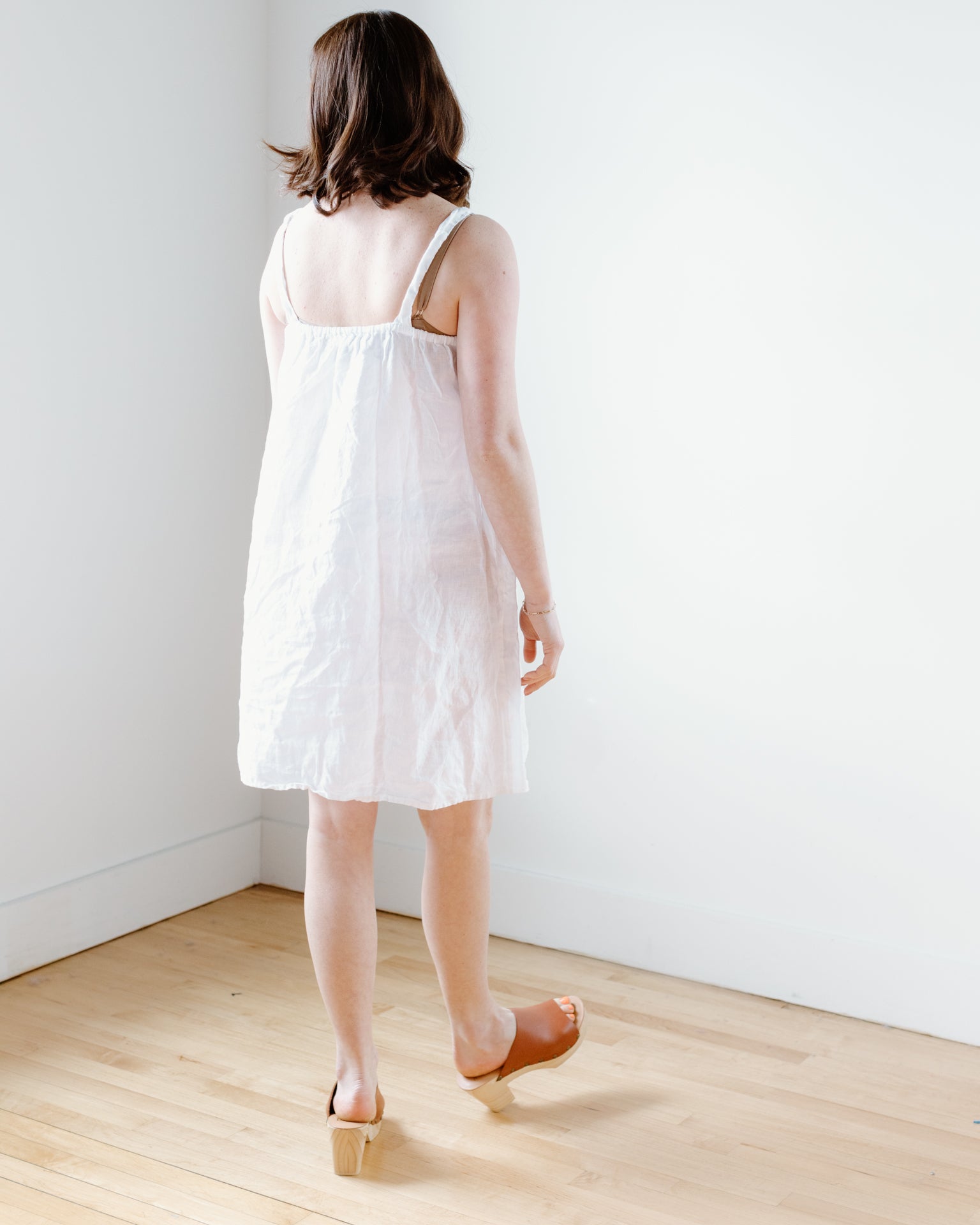 Sally Apron Dress in White Linen