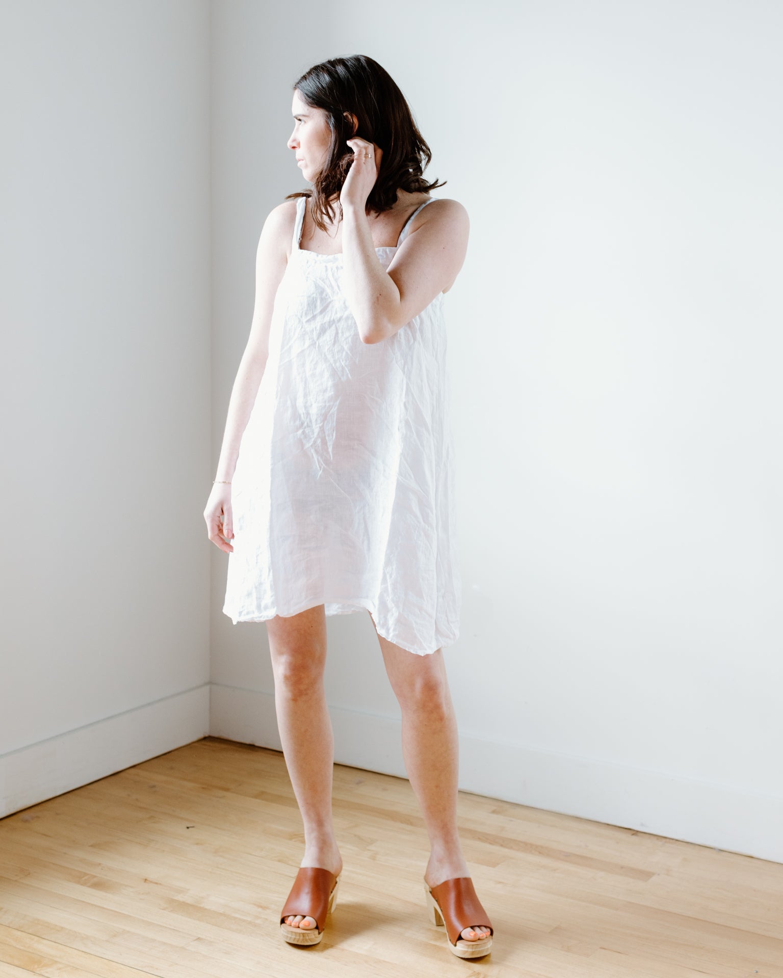 Sally Apron Dress in White Linen