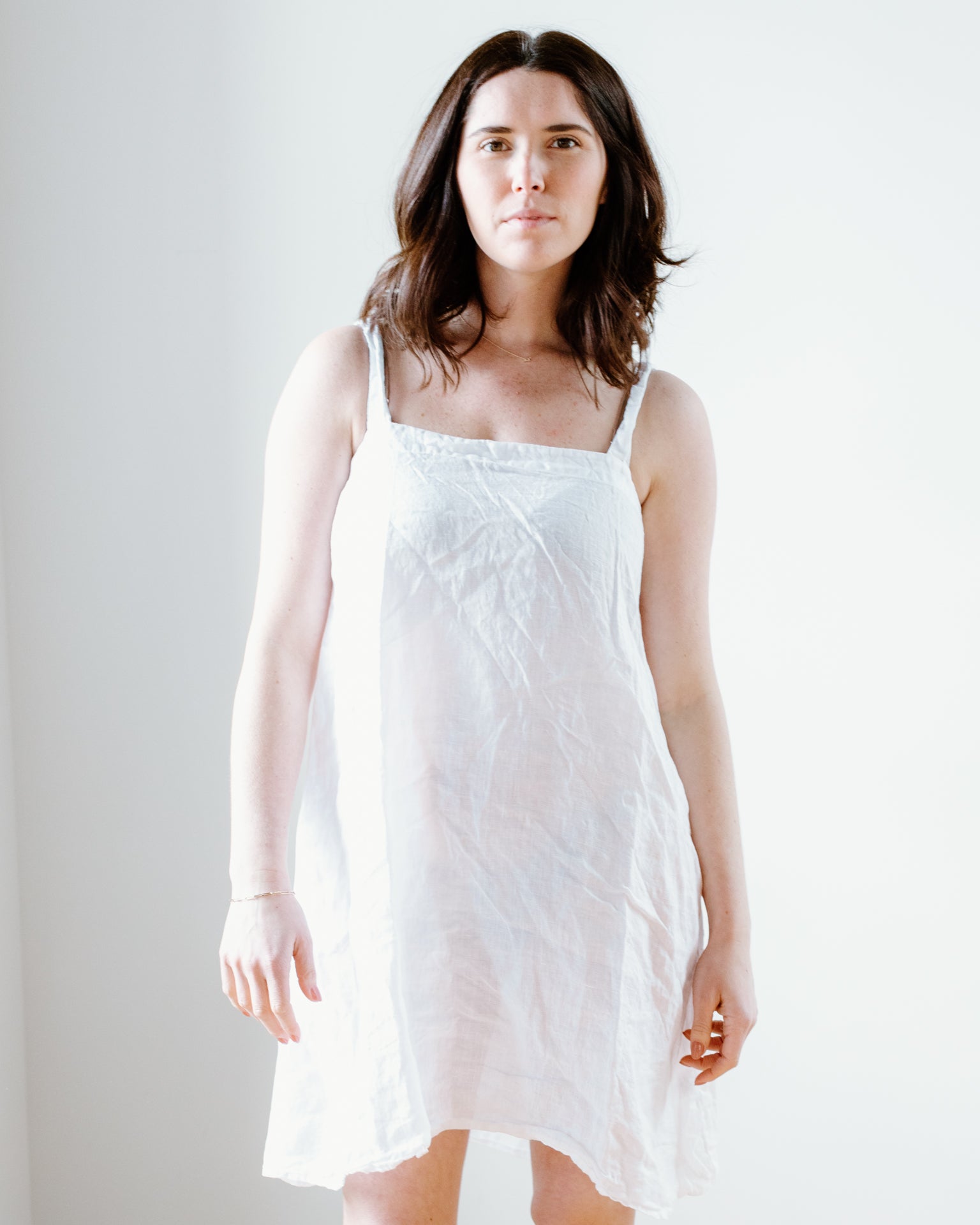 Sally Apron Dress in White Linen