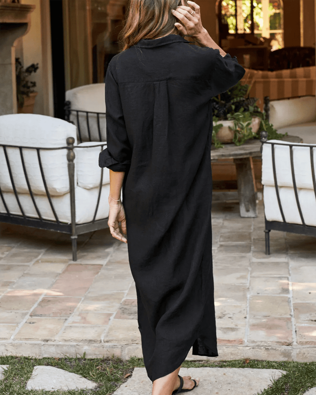 Rory Woven Long Dress in Black Linen