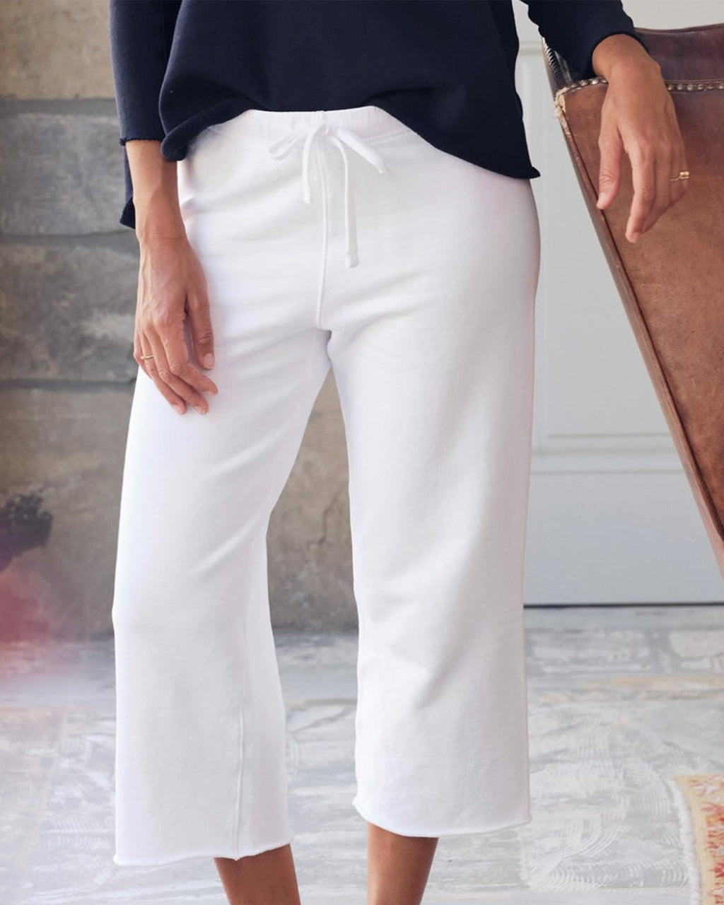 Catherine Cropped Wide Leg Sweatpant in White