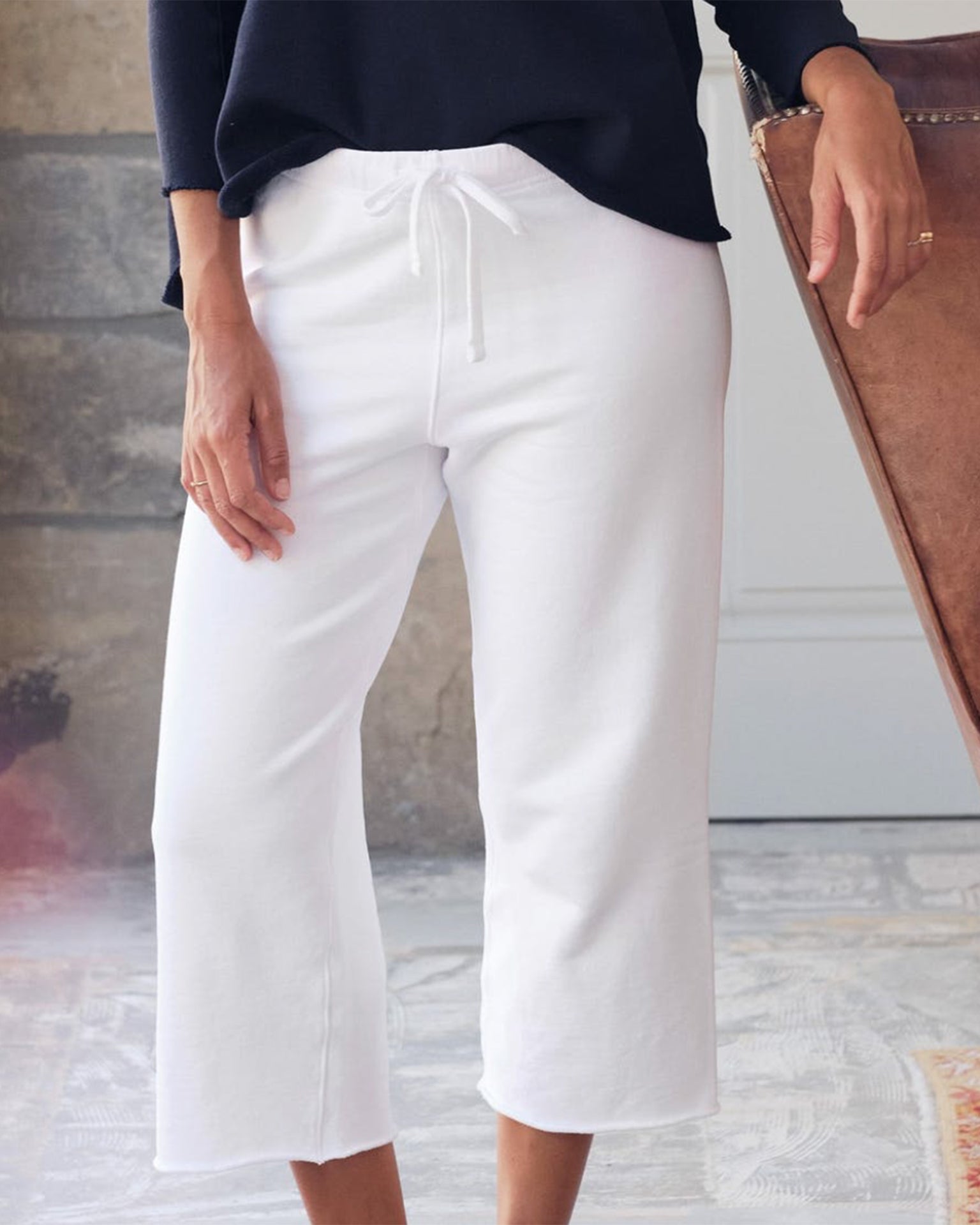Catherine Cropped Wide Leg Sweatpant in White
