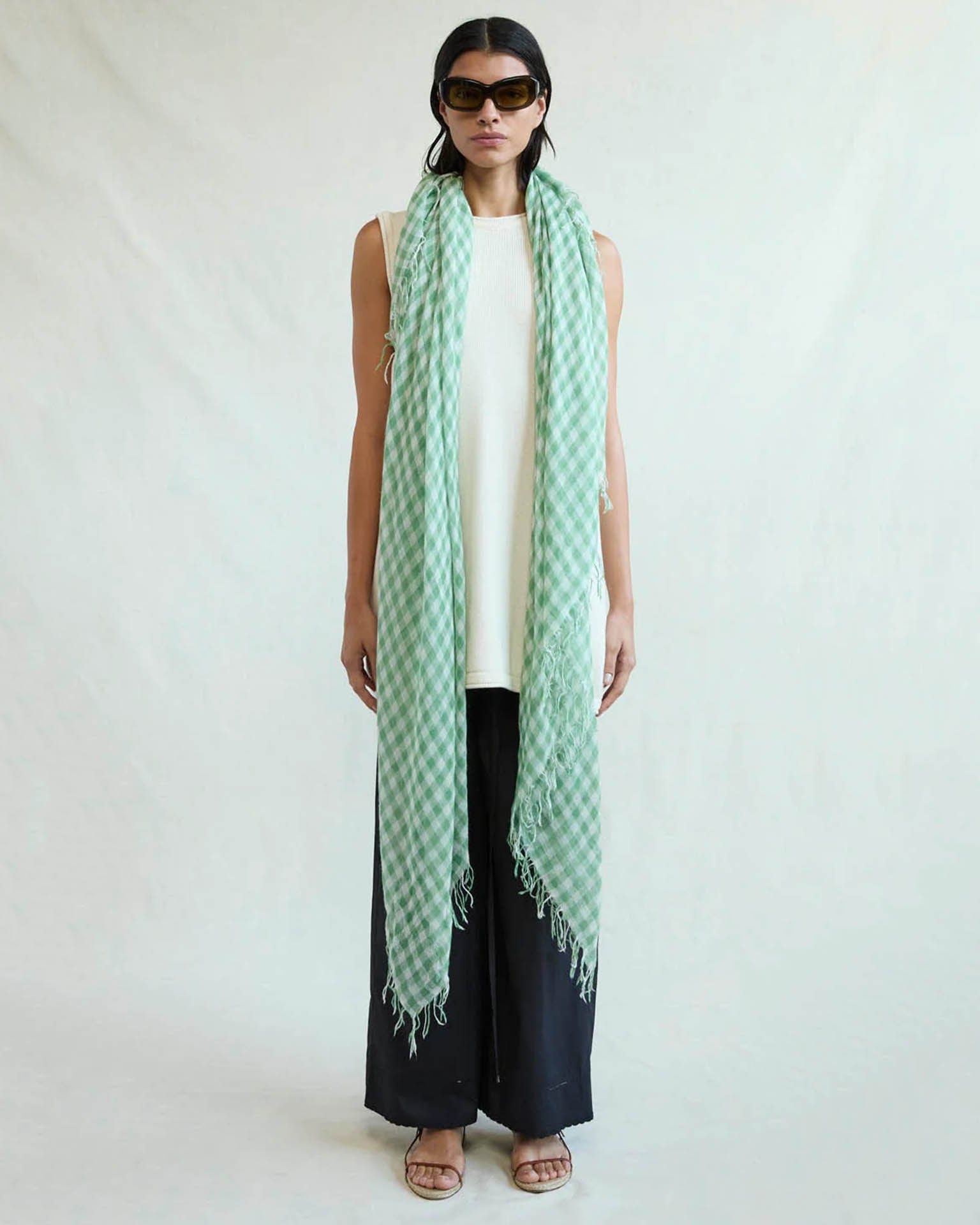 Checked Cashmere & Silk Scarf in English Ivy