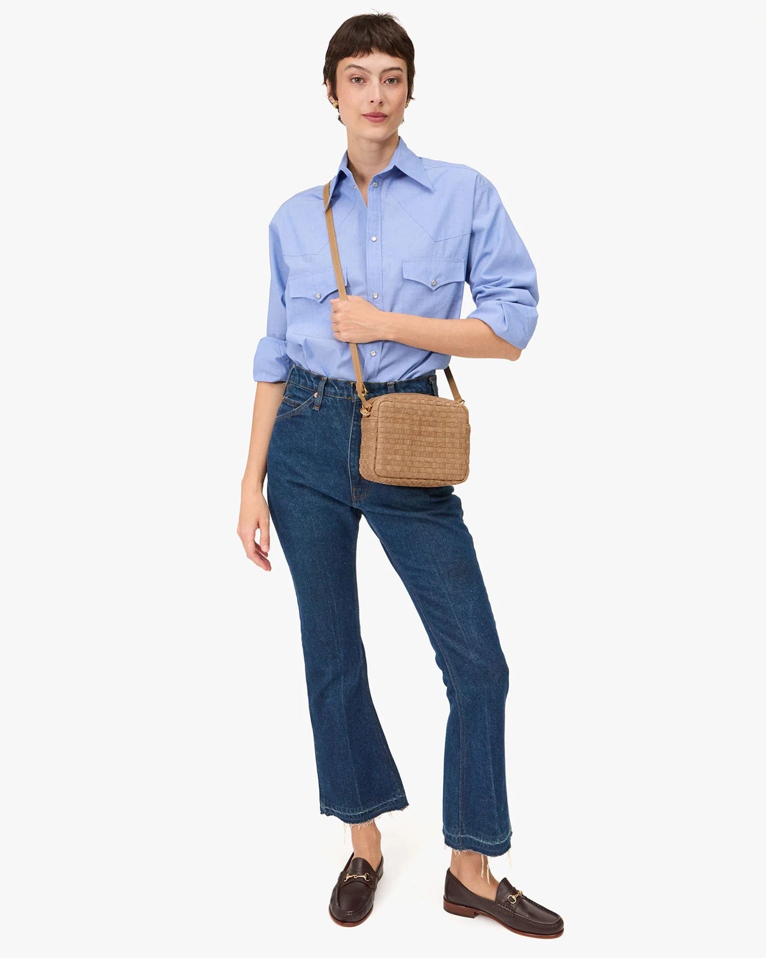 Nappa & Suede Woven Checker Midi Sac in Clay