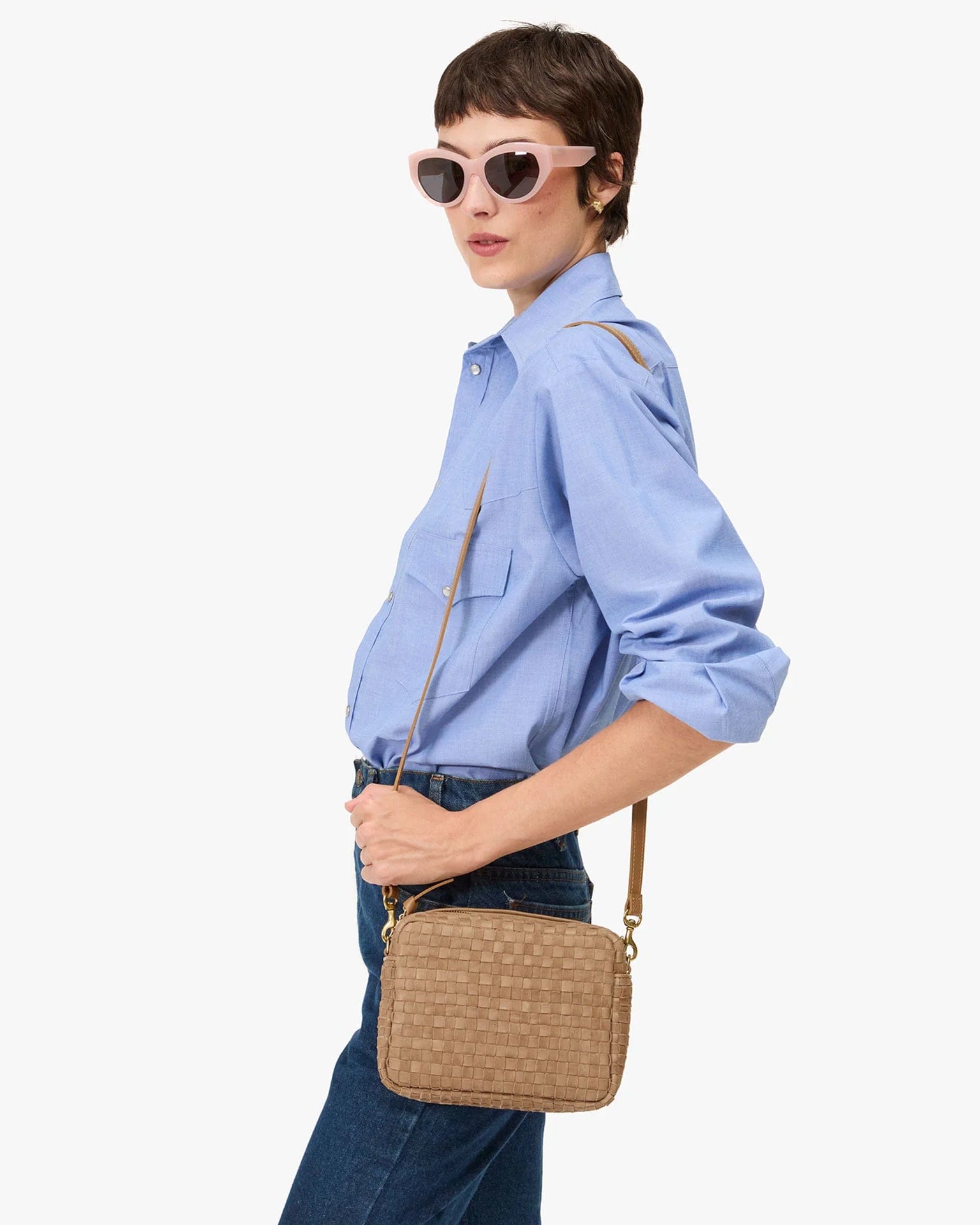 Nappa & Suede Woven Checker Midi Sac in Clay