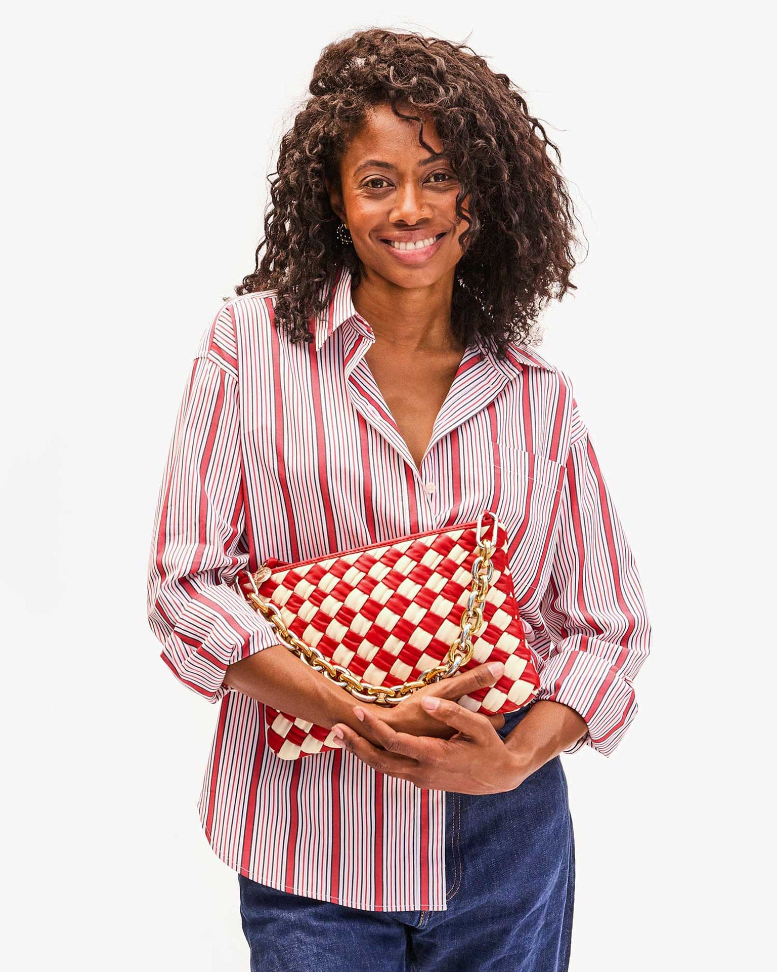 Puffy Woven Nappa Flat Clutch w/ Tabs in Rossa & Cream