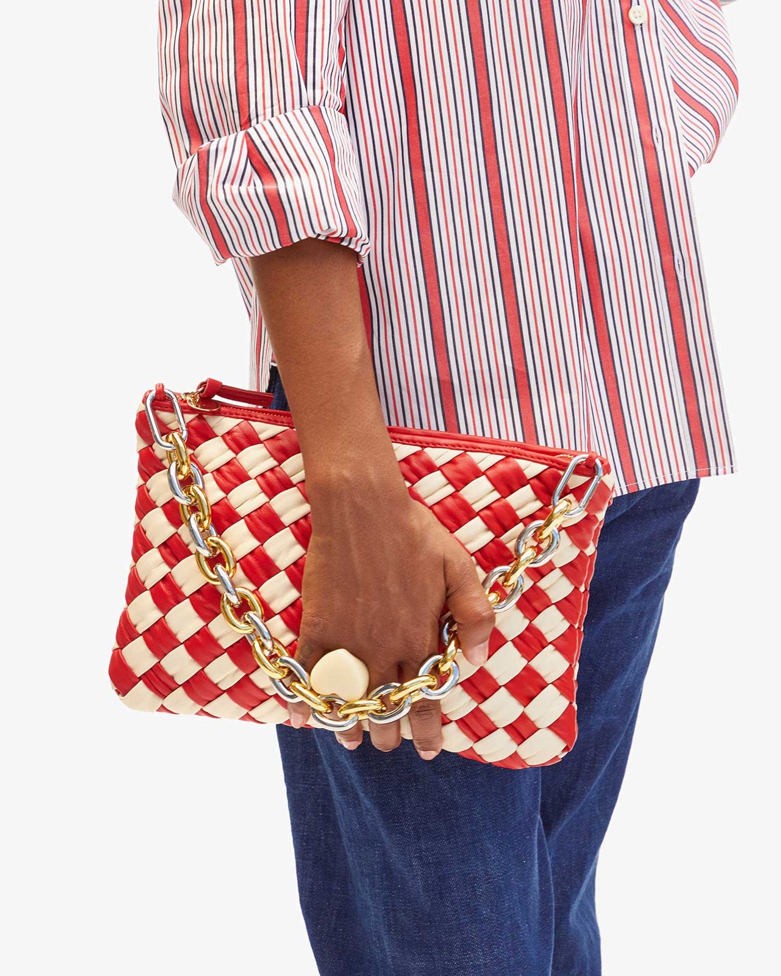 Puffy Woven Nappa Flat Clutch w/ Tabs in Rossa & Cream