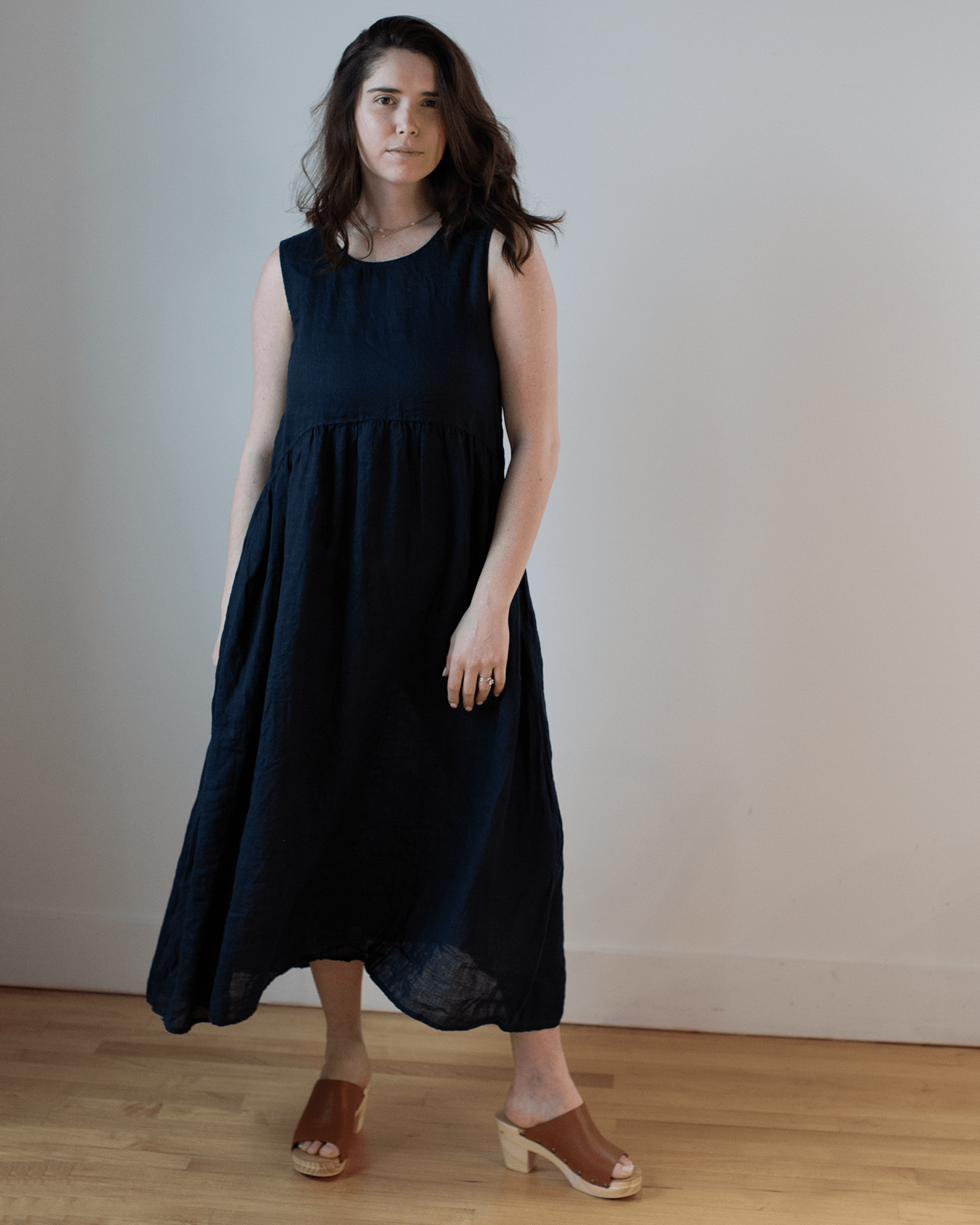 Adele Linen Shirred Waist Dress in Ink