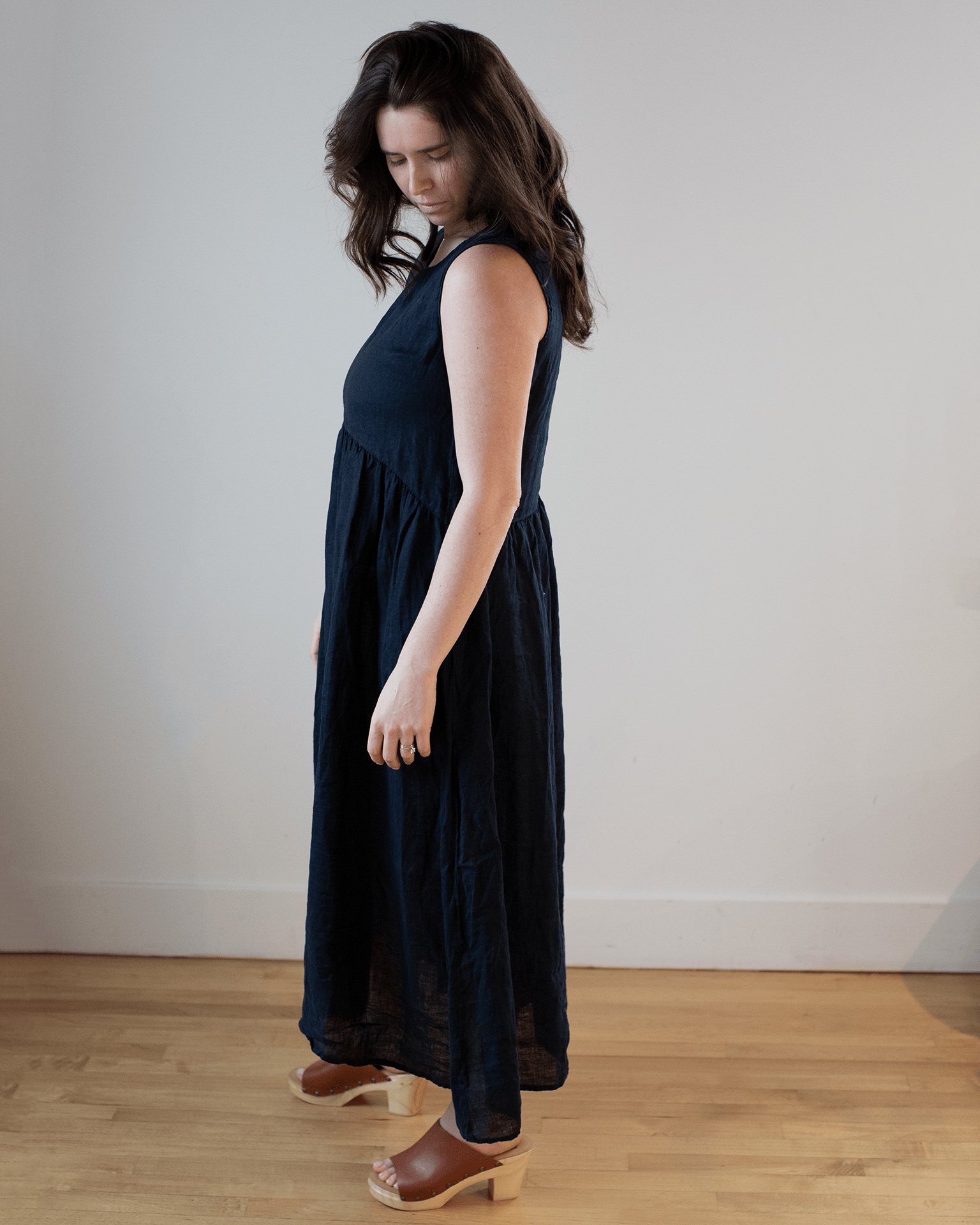 Adele Linen Shirred Waist Dress in Ink