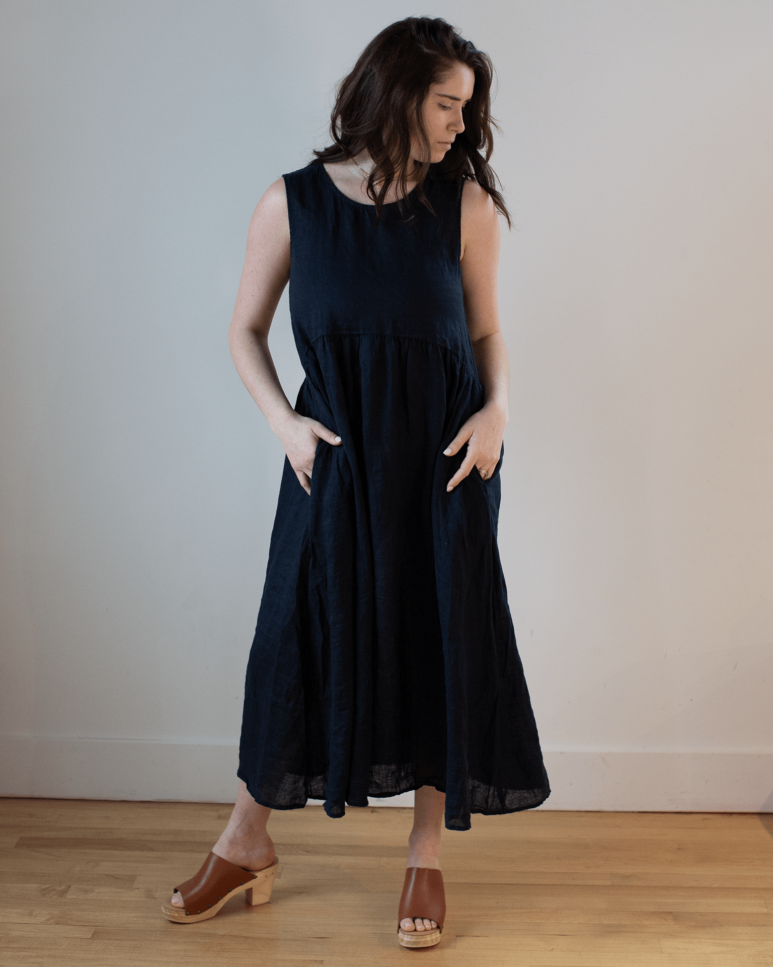 Adele Linen Shirred Waist Dress in Ink