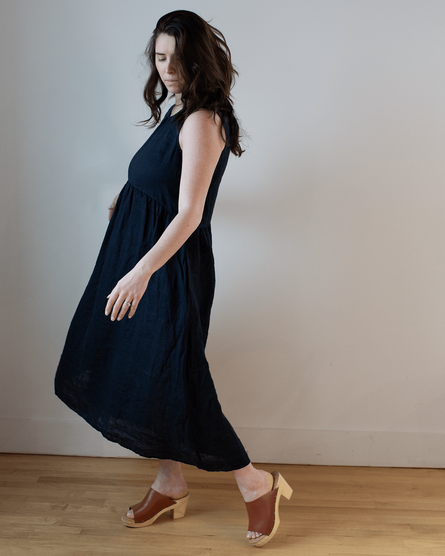 Adele Linen Shirred Waist Dress in Ink