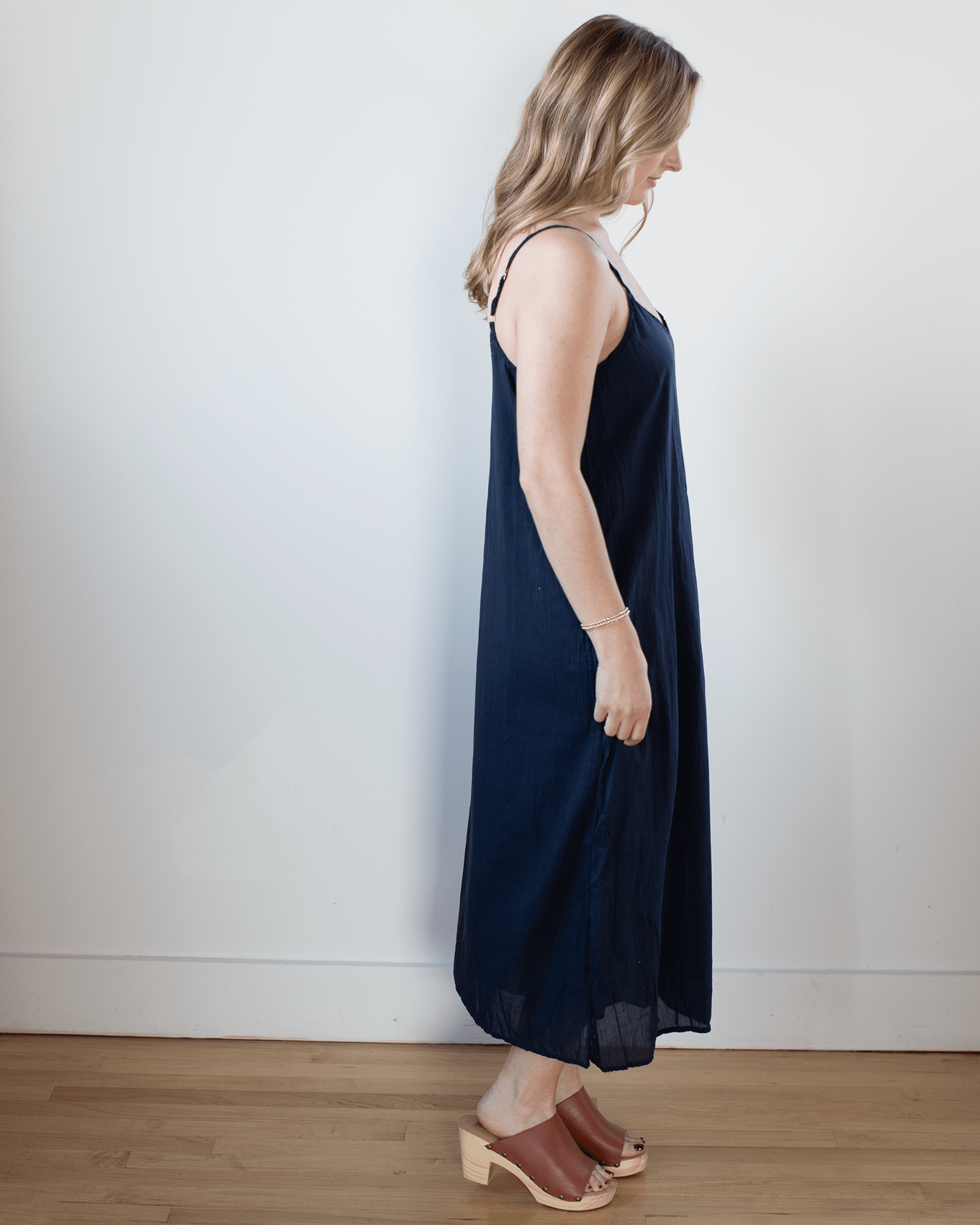 Ava Cotton Silk Lined Long Cami Slipdress in Ink