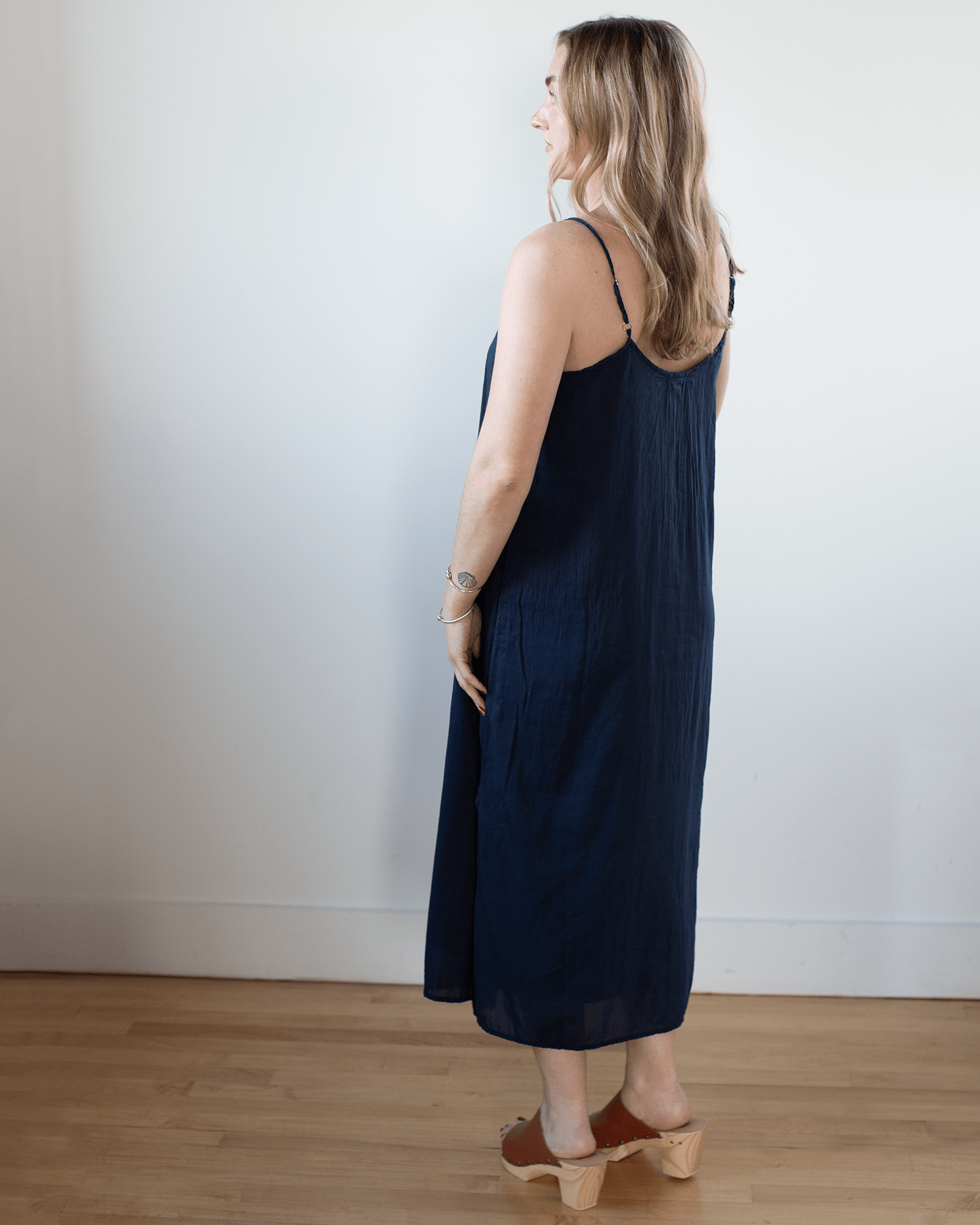 Ava Cotton Silk Lined Long Cami Slipdress in Ink