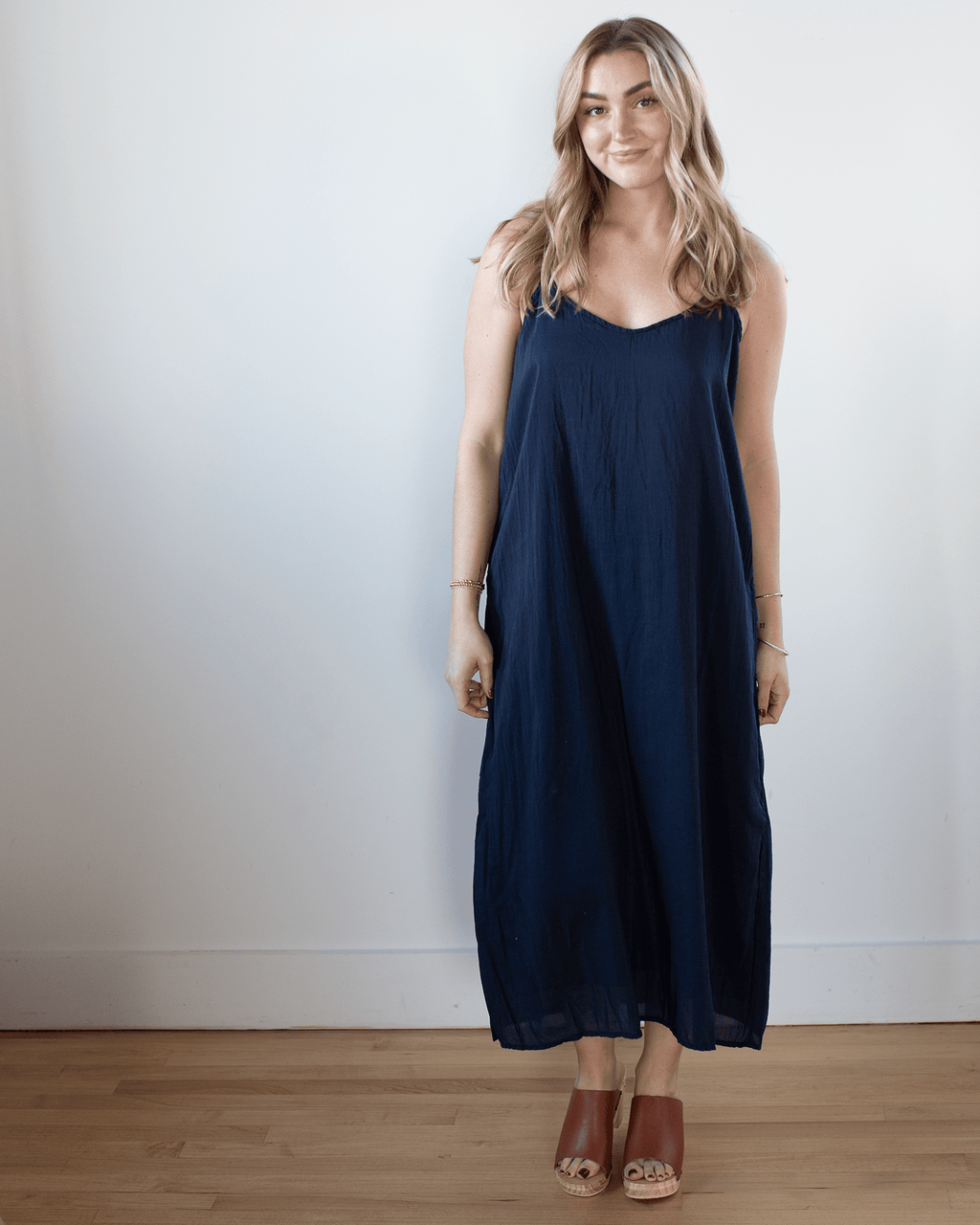 Ava Cotton Silk Lined Long Cami Slipdress in Ink