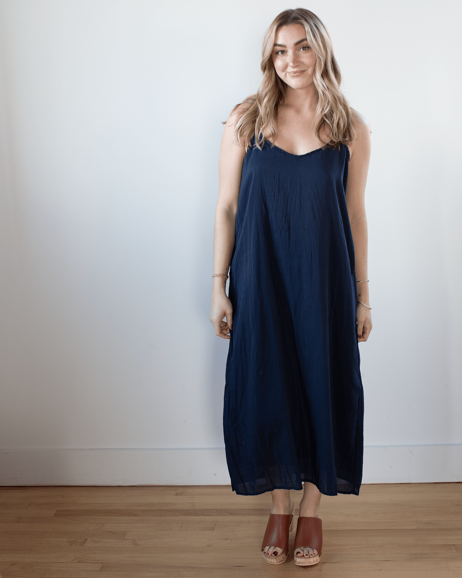 Ava Cotton Silk Lined Long Cami Slipdress in Ink
