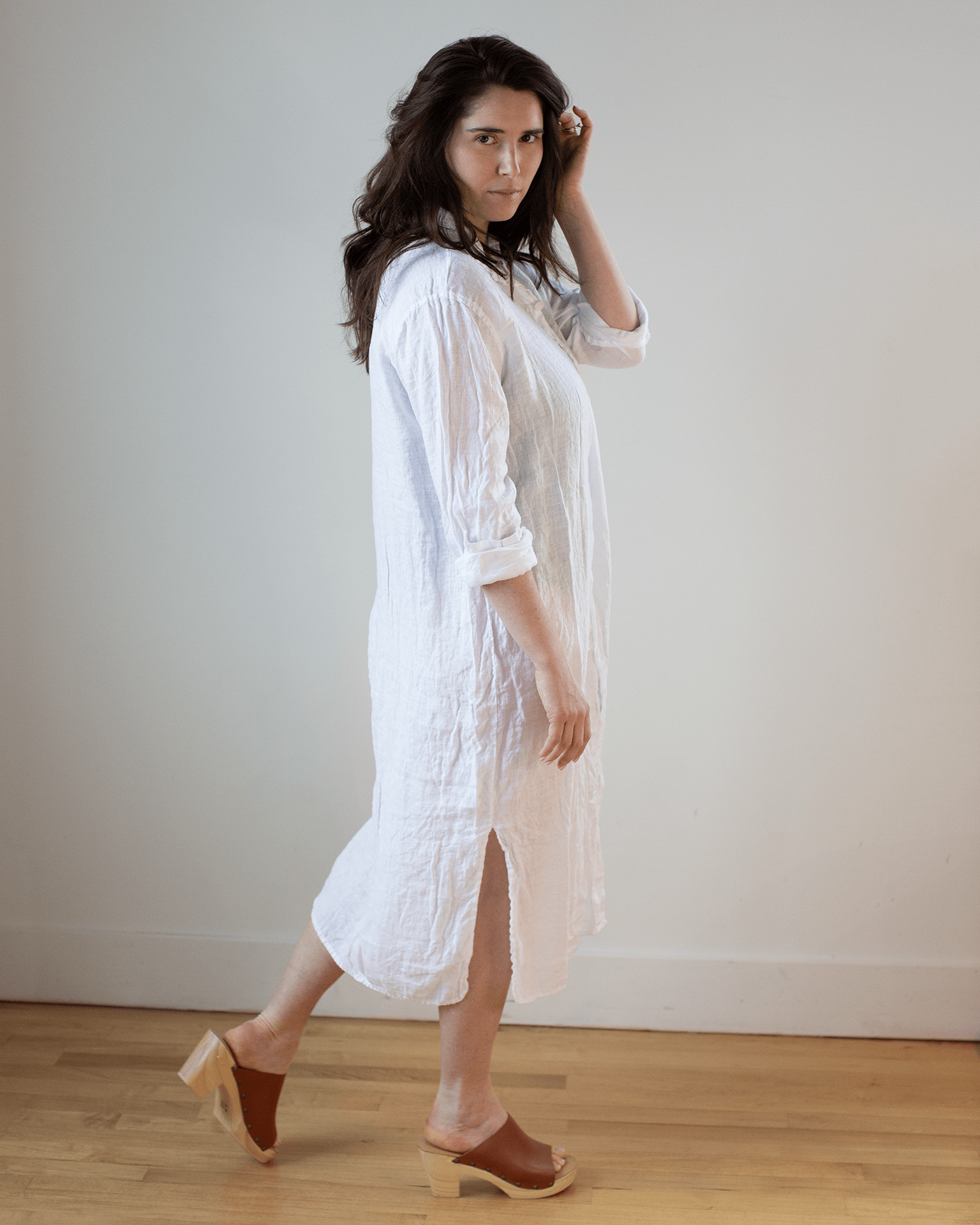 Elle Boxy Linen Shirtdress w/ Large Chest Pocket in White