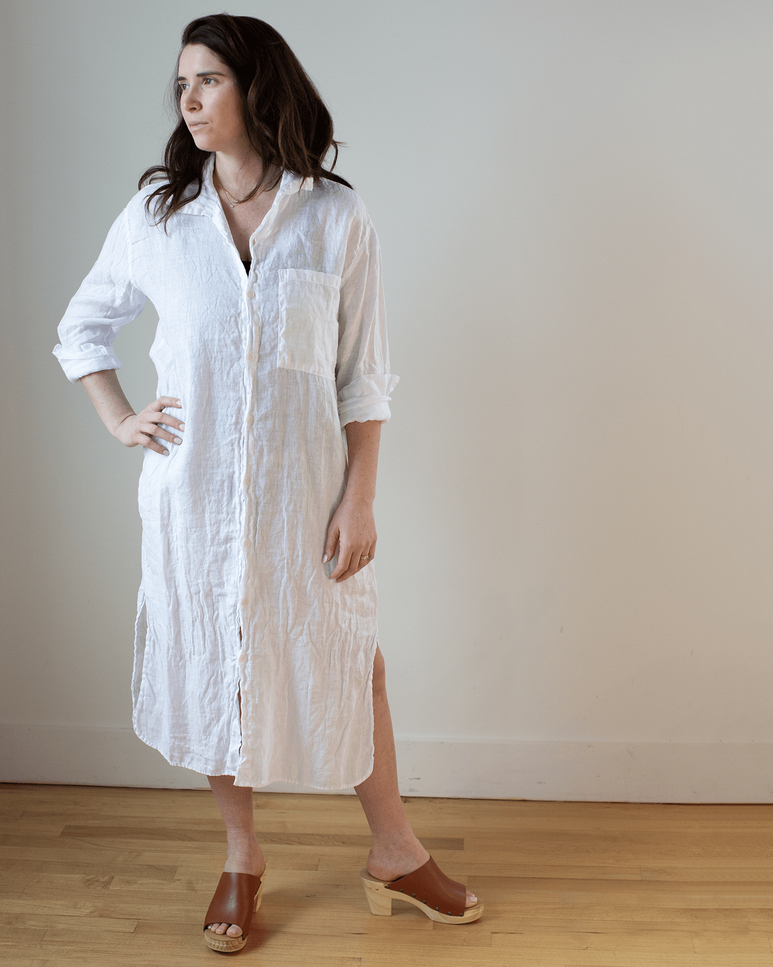 Elle Boxy Linen Shirtdress w/ Large Chest Pocket in White