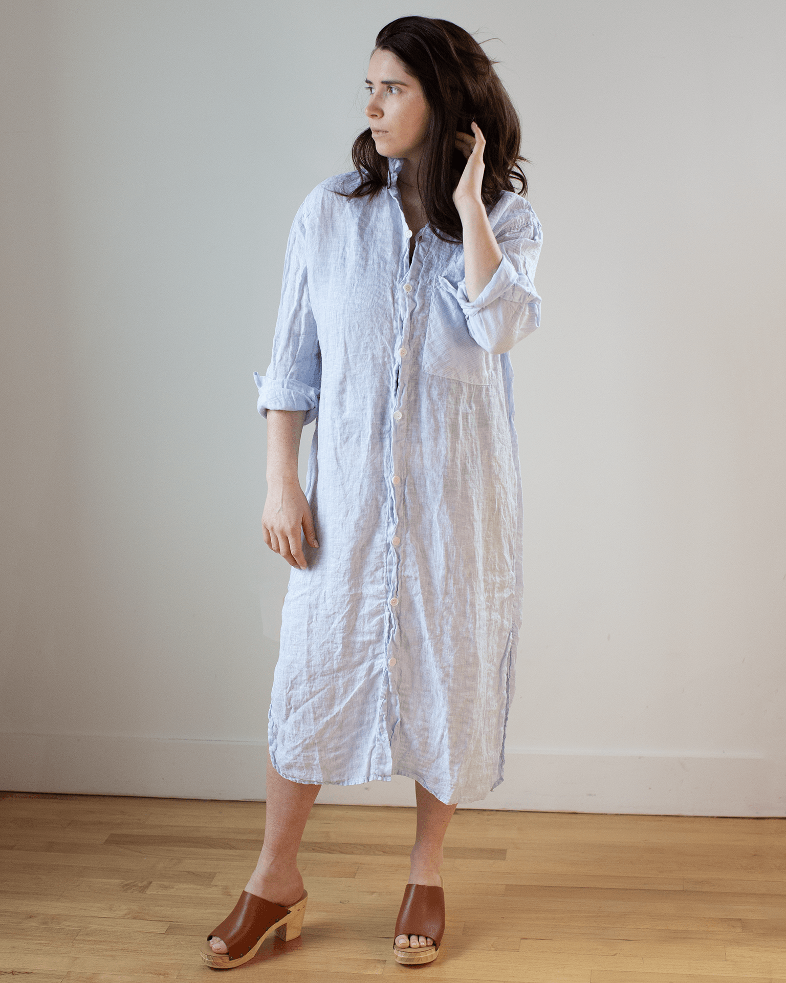 Elle Pinstripe Shirtdress w/ Large Chest Pocket in Blue & White