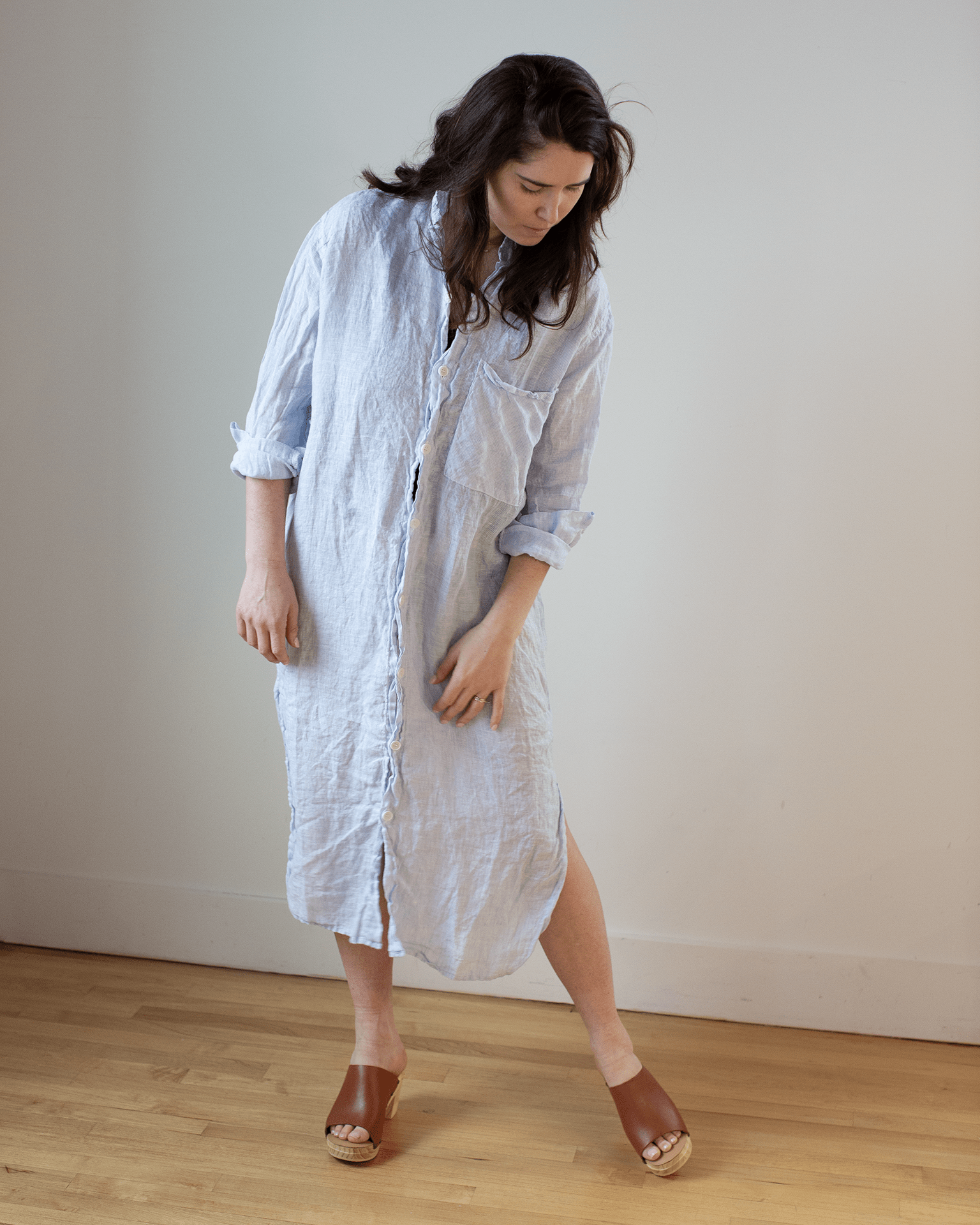 Elle Pinstripe Shirtdress w/ Large Chest Pocket in Blue & White