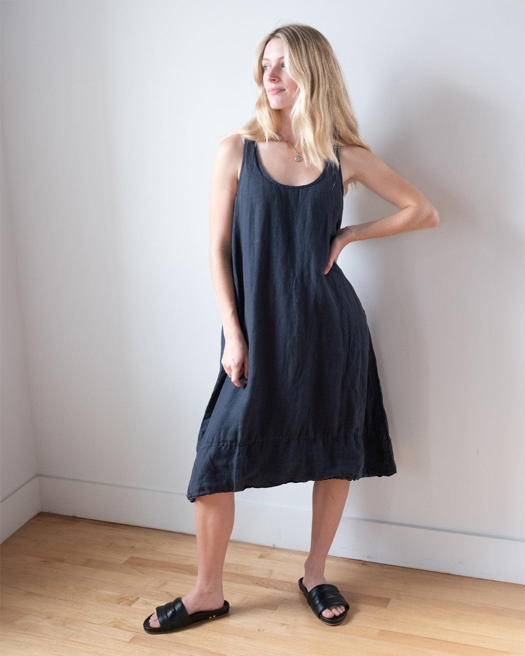 Freida Dress in Lined Ink Linen