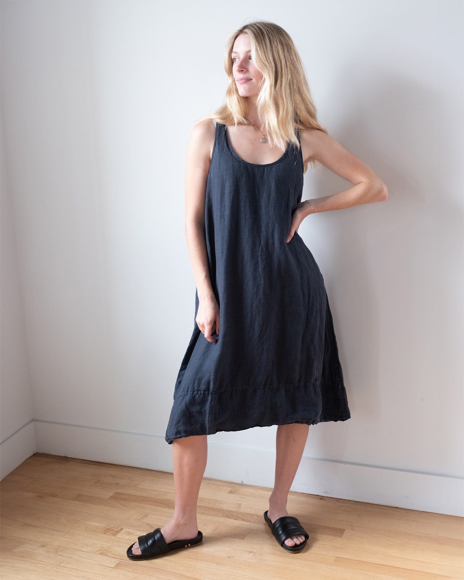 Freida Dress in Lined Ink Linen