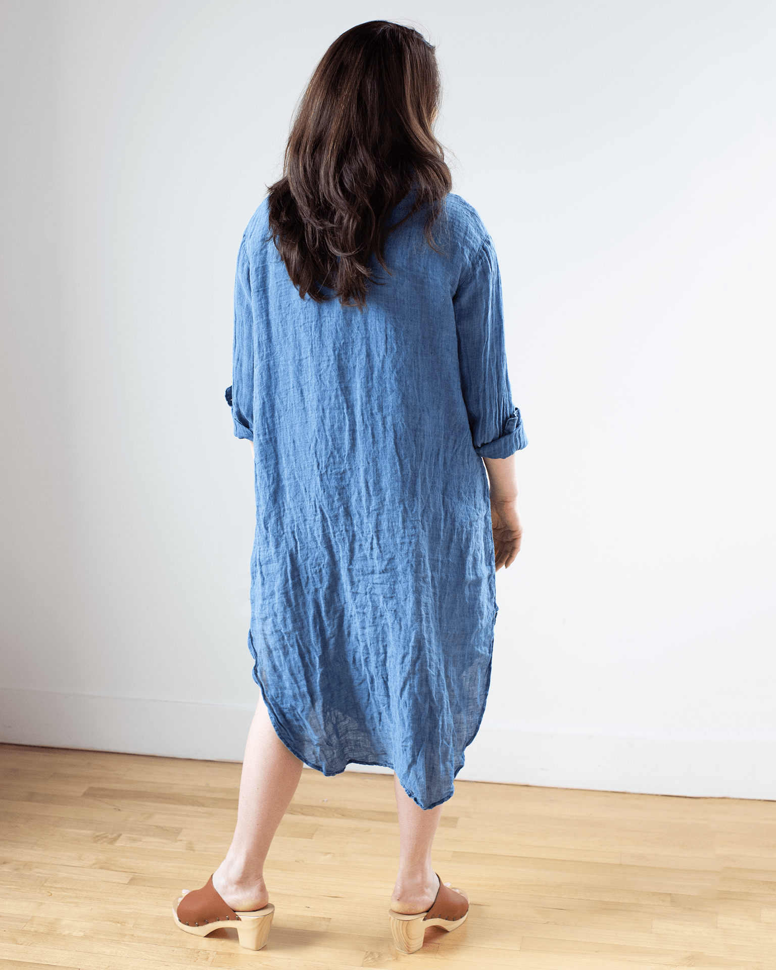 Kira Indigo Linen Rounded Shirttail Dress in Bleach