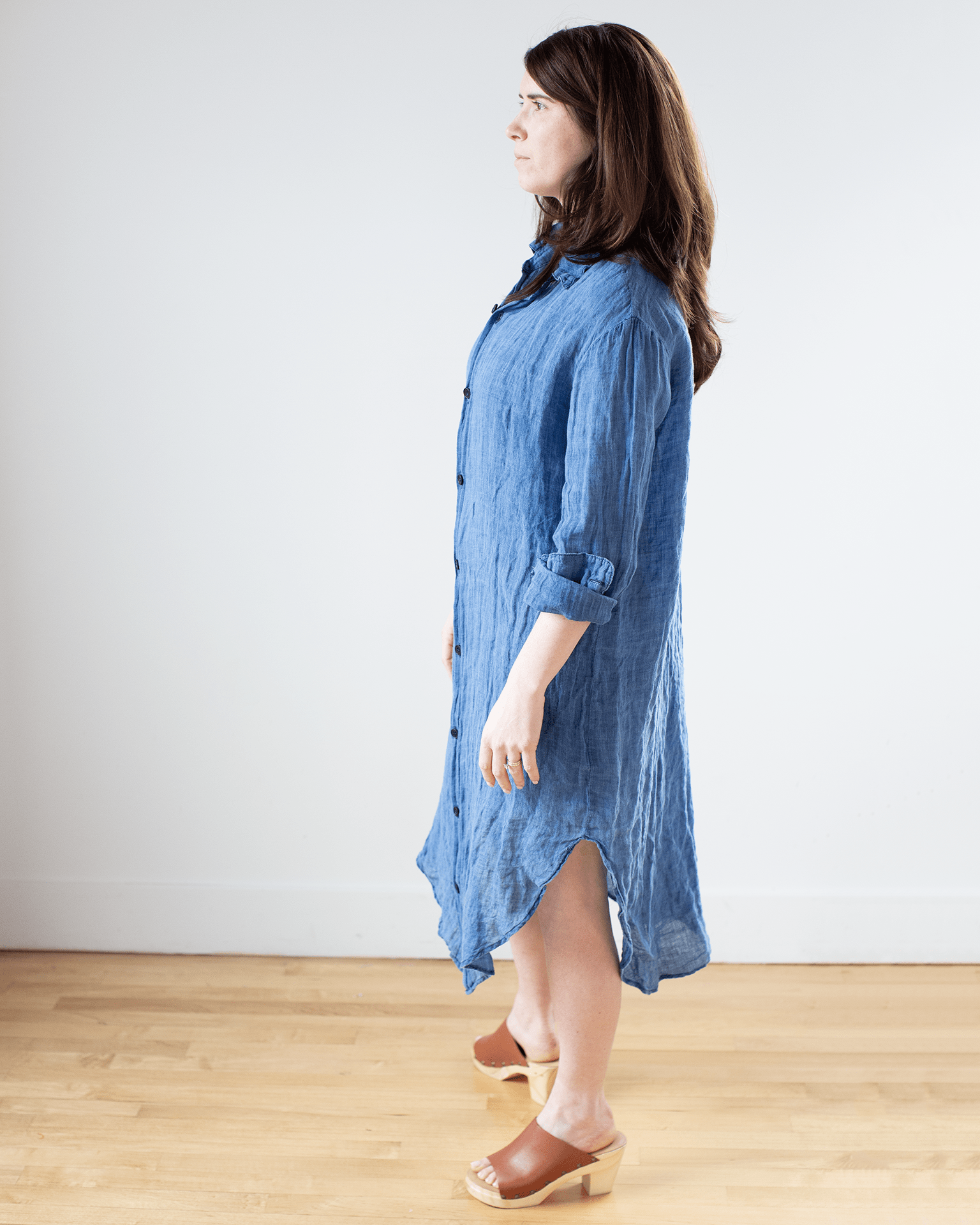Kira Indigo Linen Rounded Shirttail Dress in Bleach