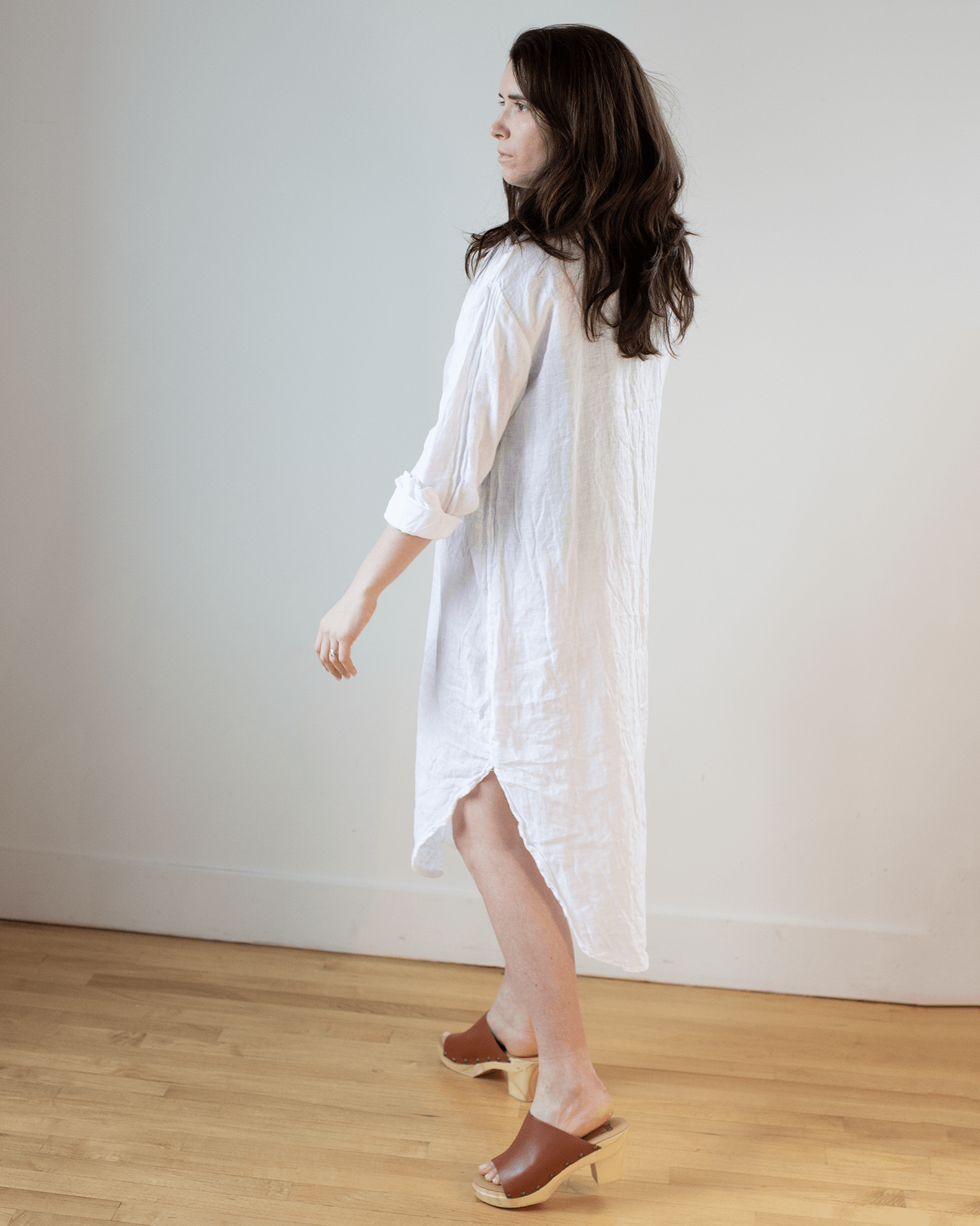 Kira Linen Rounded Shirttail Dress in White